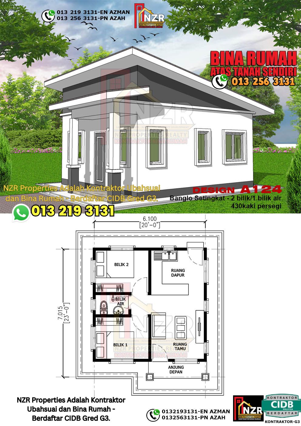 Design 18-Kod A124-Banglo Setingkat - 2 Bilik &1 Bilik Air-Size Rumah 430kps