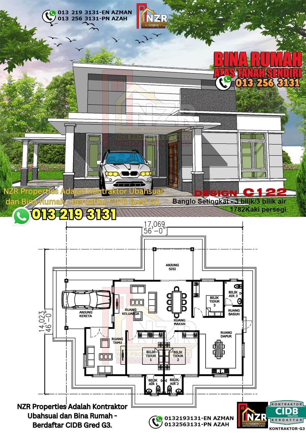 Design 18-Kod C122-Banglo Setingkat - 3Bilik &3 Bilik Air-Size Rumah 1782kps