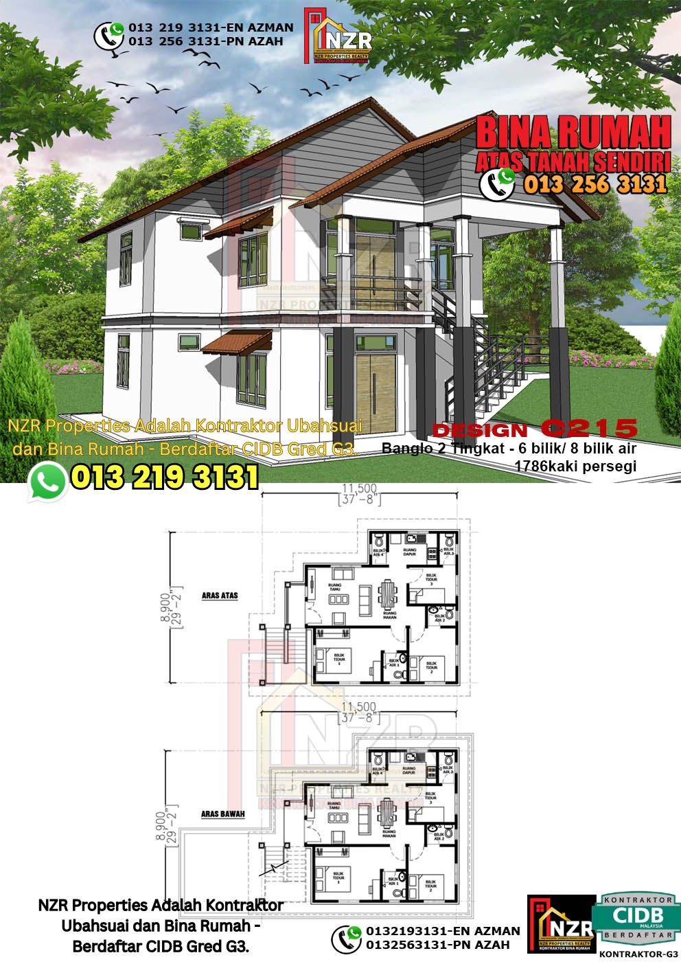Design 19-Kod C215-Design Rumah Dua Tingkat -6Bilik & 8Bilik Air-Size Rumah 1786kps
