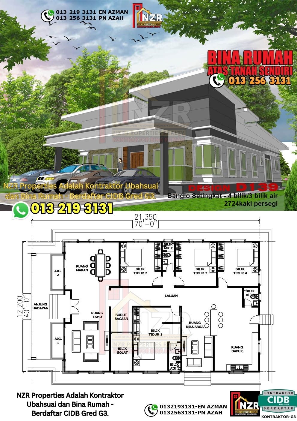 Design 18-Kod D139-Banglo Setingkat - 4Bilik &3 Bilik Air-Size Rumah 2724kps