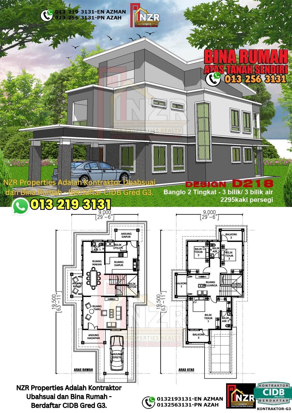 Design 18-Kod D218-Design Rumah Dua Tingkat -3 Bilik & 3 Bilik Air-Size Rumah 2295kps