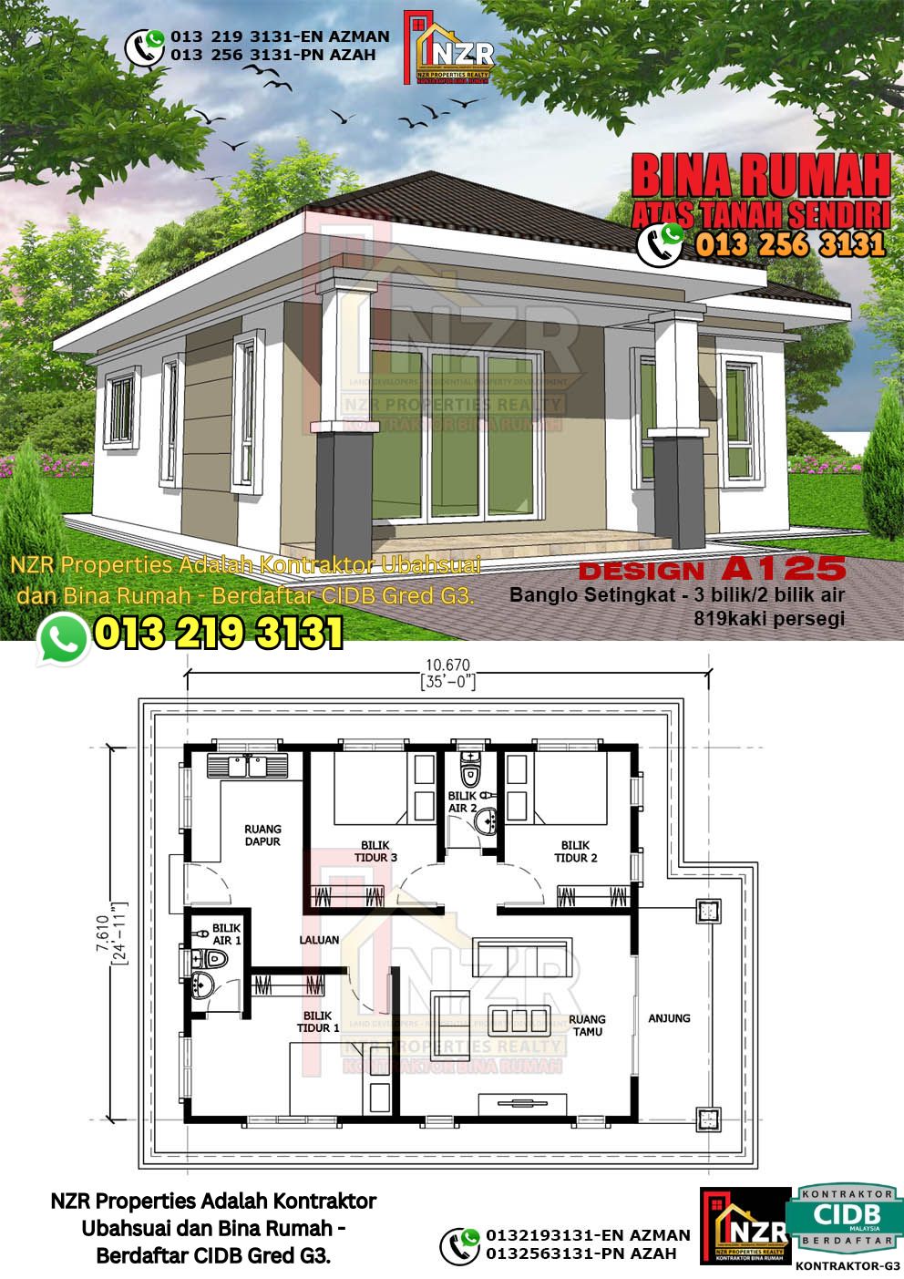 Design 19-Kod A125-Banglo Setingkat - 3 Bilik &2 Bilik Air-Size Rumah 819kps