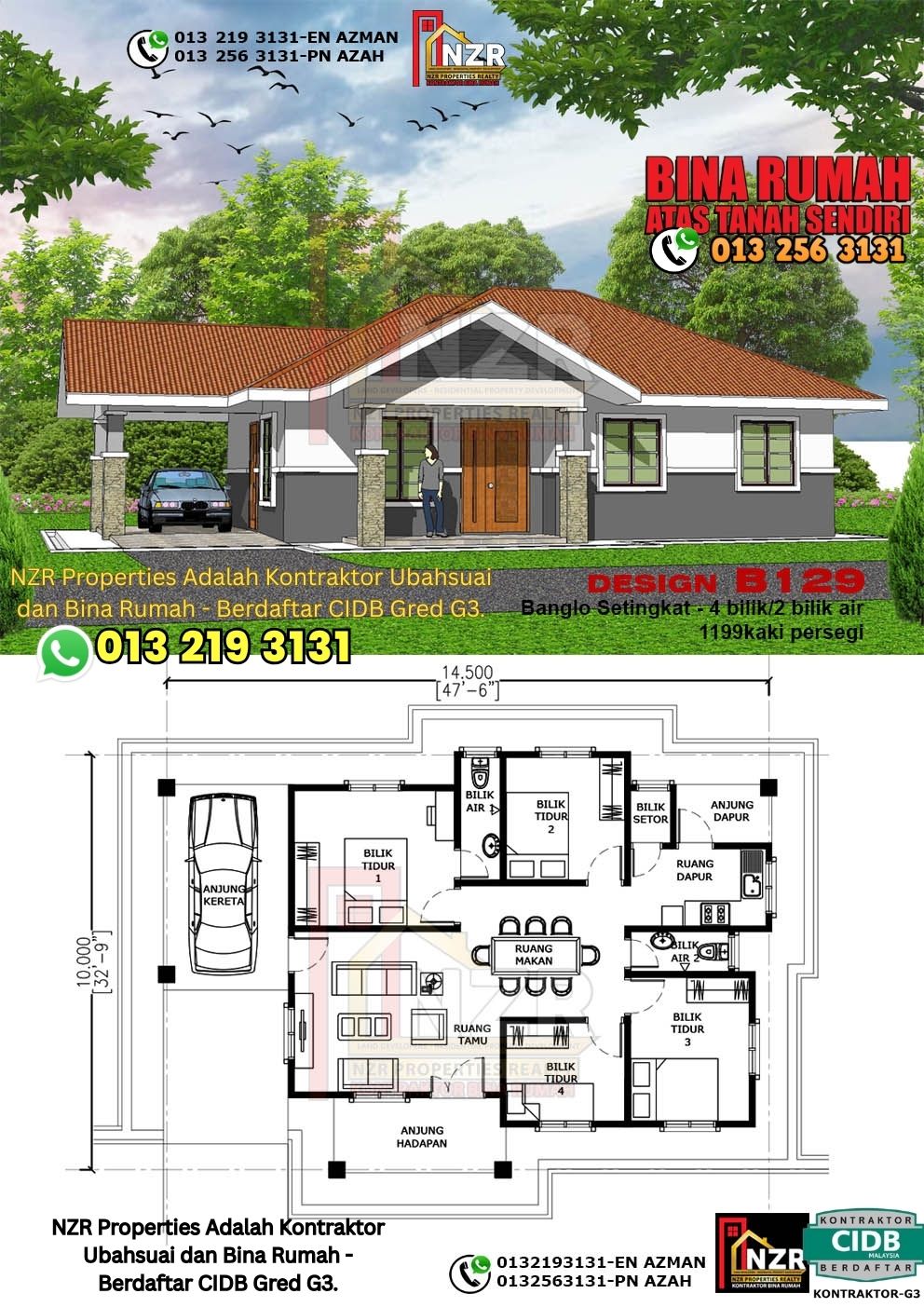 Design 17-Kod B129-Banglo Setingkat -4 Bilik &1 Bilik Air-Size Rumah 1199kps