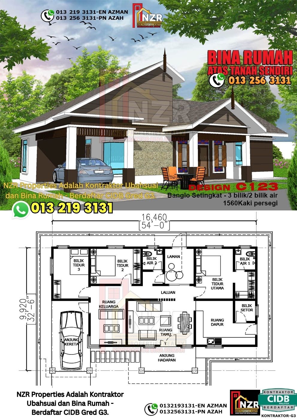 Design 19-Kod C123-Banglo Setingkat - 3Bilik &2 Bilik Air-Size Rumah 1560kps