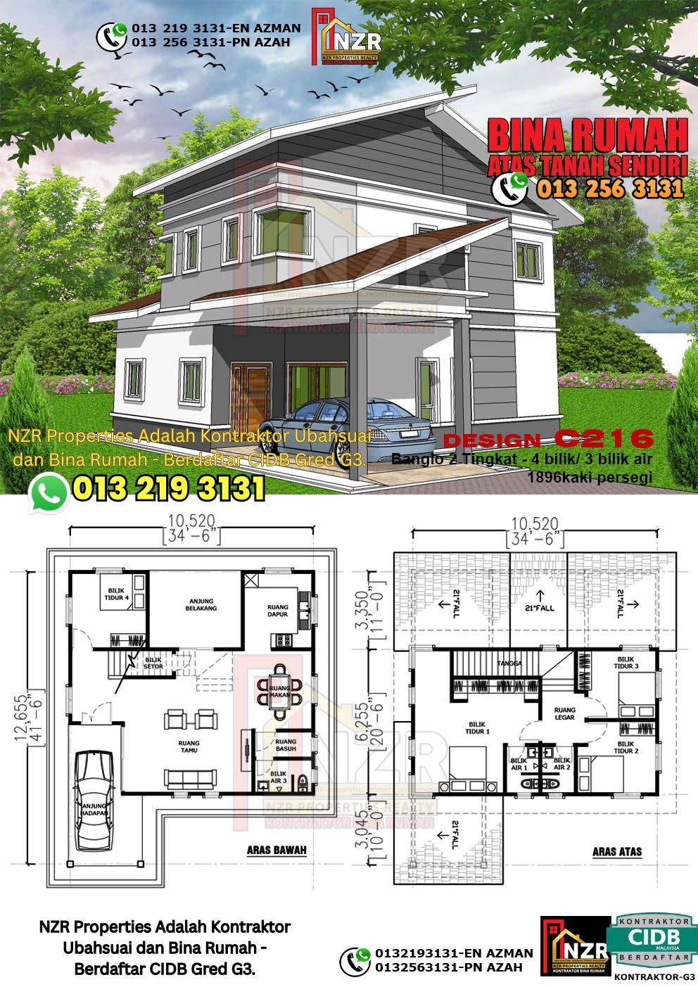 Design 20-Kod C216-Design Rumah Dua Tingkat -4Bilik &3Bilik Air-Size Rumah 1896kps