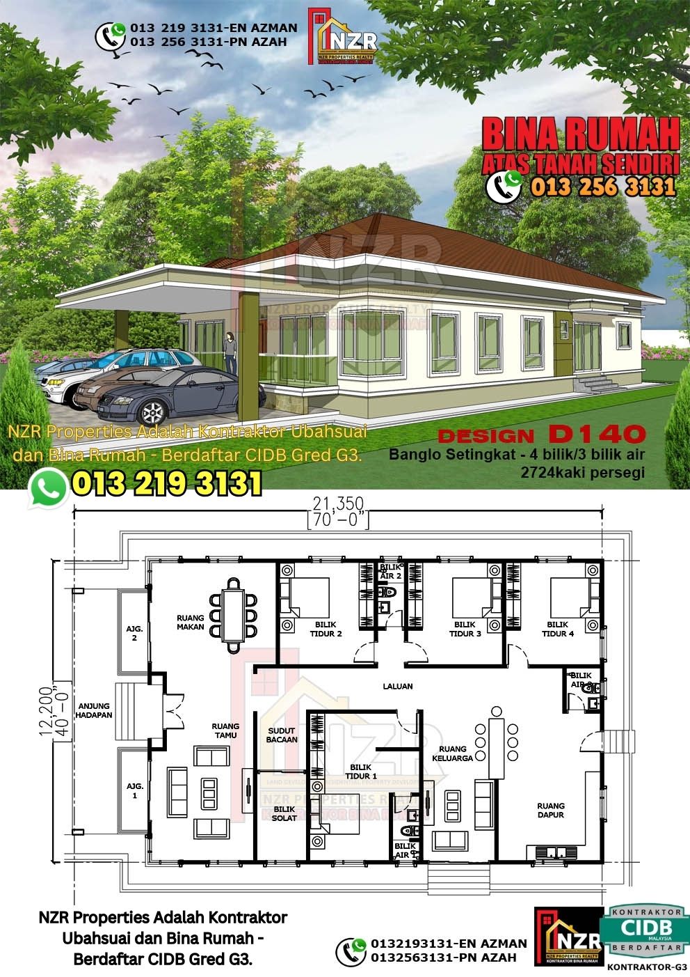 Design 19-Kod D140-Banglo Setingkat - 4Bilik &3 Bilik Air-Size Rumah 2724kps