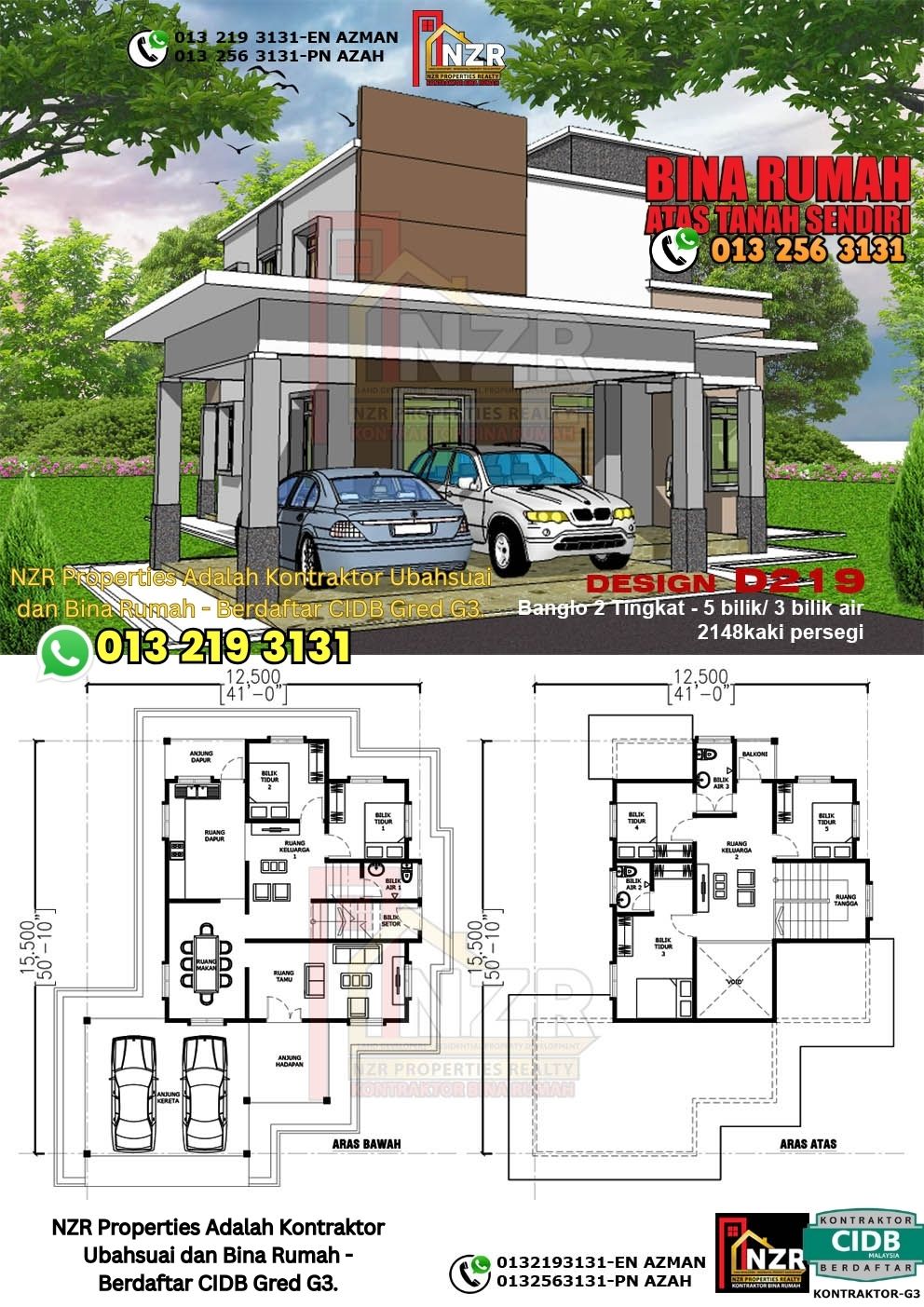 Design -Kod D219-Design Rumah Dua Tingkat -5 Bilik & 3 Bilik Air-Size Rumah 2148kps