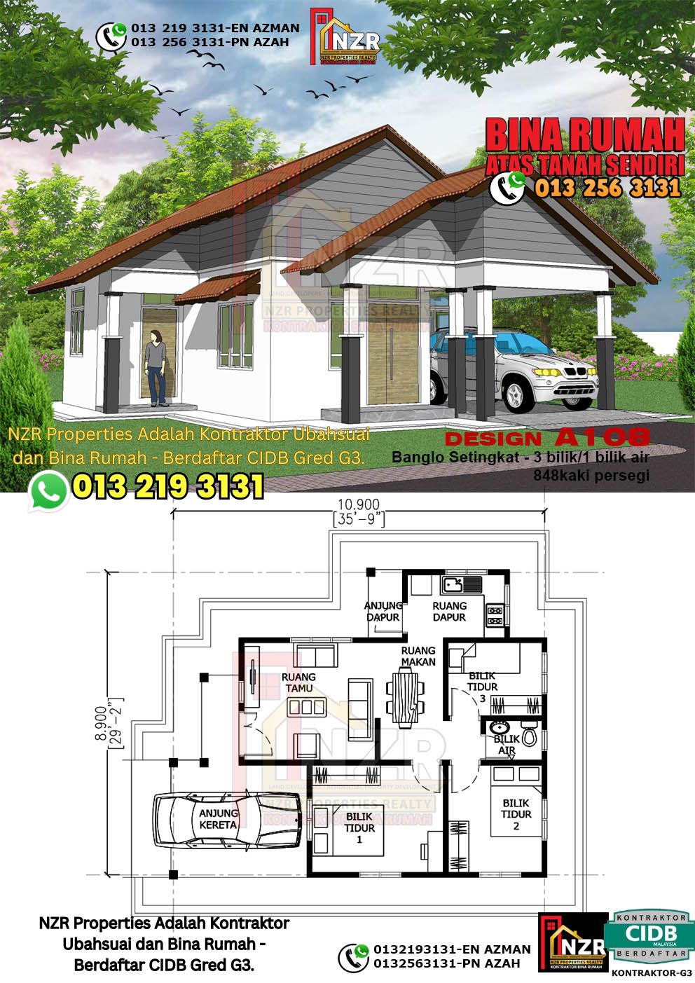 Design 2-Kod A108-Banglo Setingkat - 3 Bilik &1 Bilik Air-Size Rumah 848kps