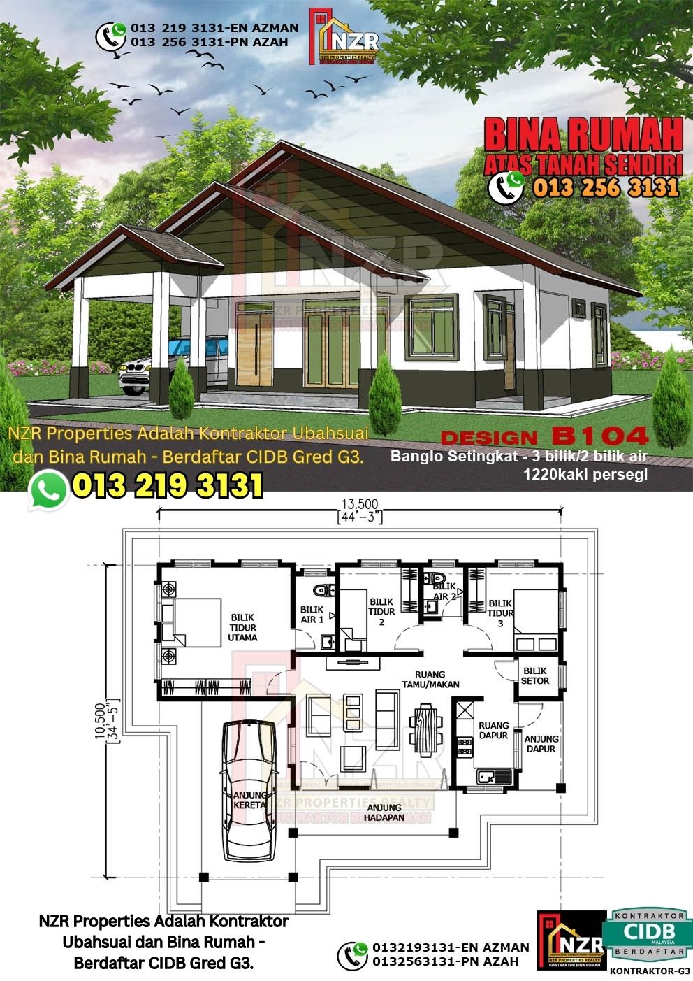Design 2-Kod B104-Banglo Setingkat - 3 Bilik &2 Bilik Air-Size Rumah 1220kps