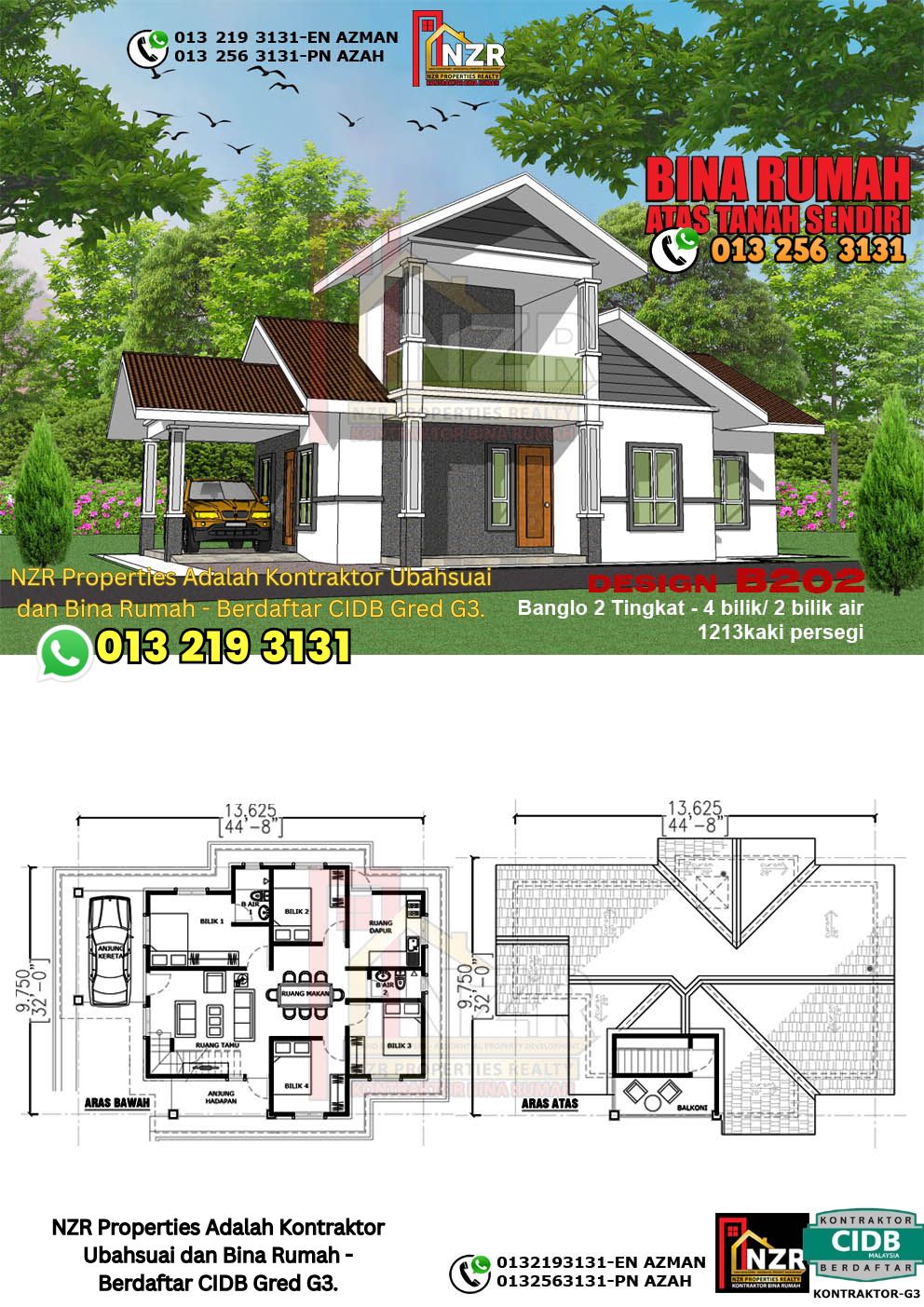 Design 2-Kod B202-Design Rumah Dua Tingkat -4Bilik &2Bilik Air-Size Rumah 1213kps