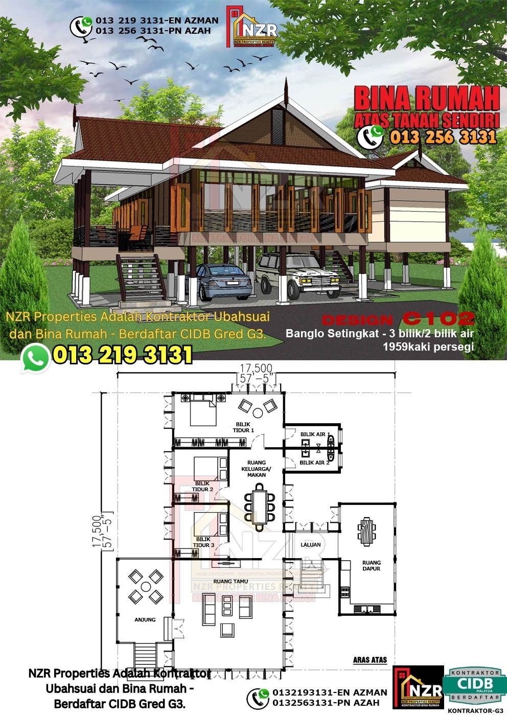 Design 2-Kod C102-Banglo Setingkat - 3Bilik &2 Bilik Air-Size Rumah 1959kps