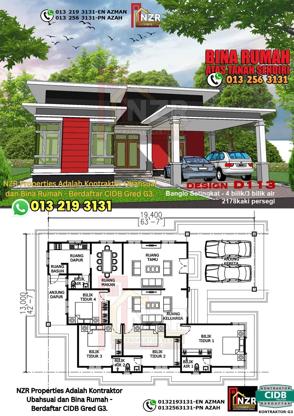 Design 2-Kod D113-Banglo Setingkat - 4Bilik &3 Bilik Air-Size Rumah 2178kps