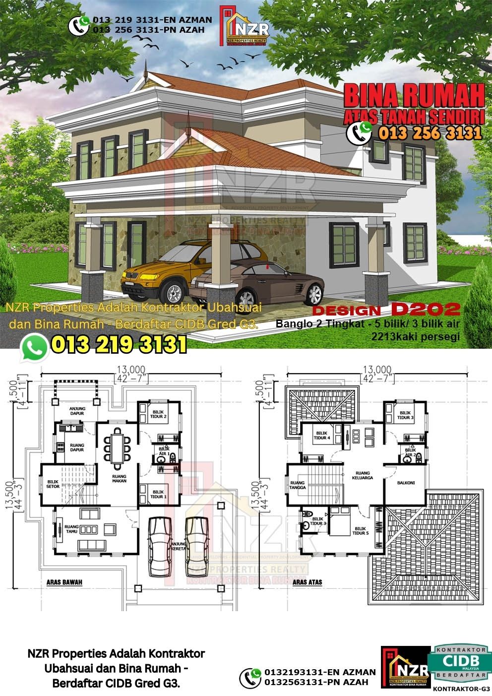 Design 2-Kod D202-Design Rumah Dua Tingkat -5 Bilik & 3 Bilik Air-Size Rumah 2213kps