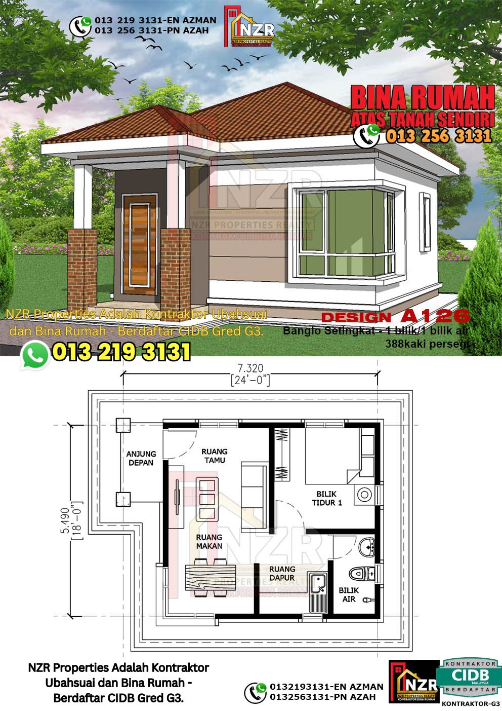 Design 20-Kod A126-Banglo Setingkat - 1 Bilik &1 Bilik Air-Size Rumah 388kps