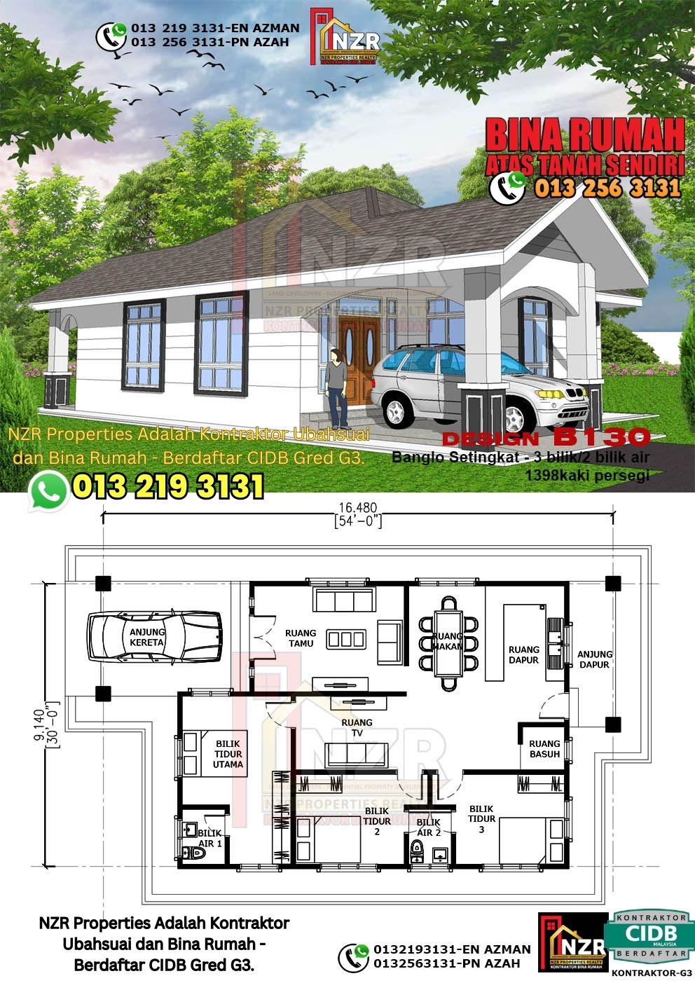 Design 18-Kod B130-Banglo Setingkat -3 Bilik &2 Bilik Air-Size Rumah 1398kps