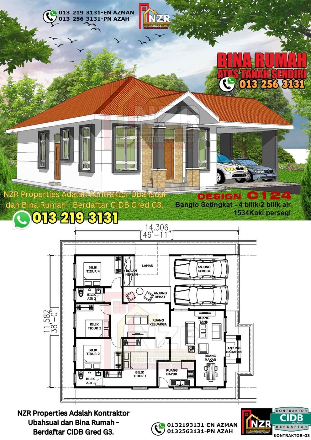 Design 20-Kod C124-Banglo Setingkat - 4Bilik &2 Bilik Air-Size Rumah 1534kps