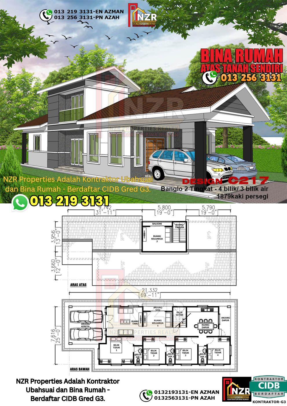 Design 21-Kod C217-Design Rumah Dua Tingkat -4Bilik &3Bilik Air-Size Rumah 1879kps