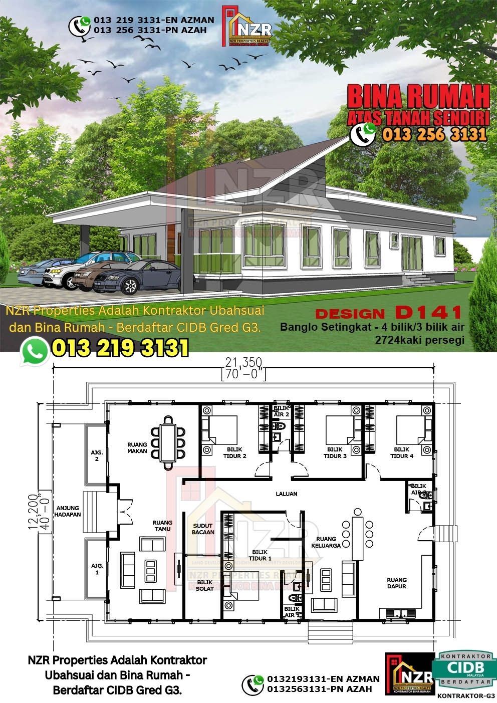 Design 20-Kod D141-Banglo Setingkat - 4Bilik &3 Bilik Air-Size Rumah 2724kps