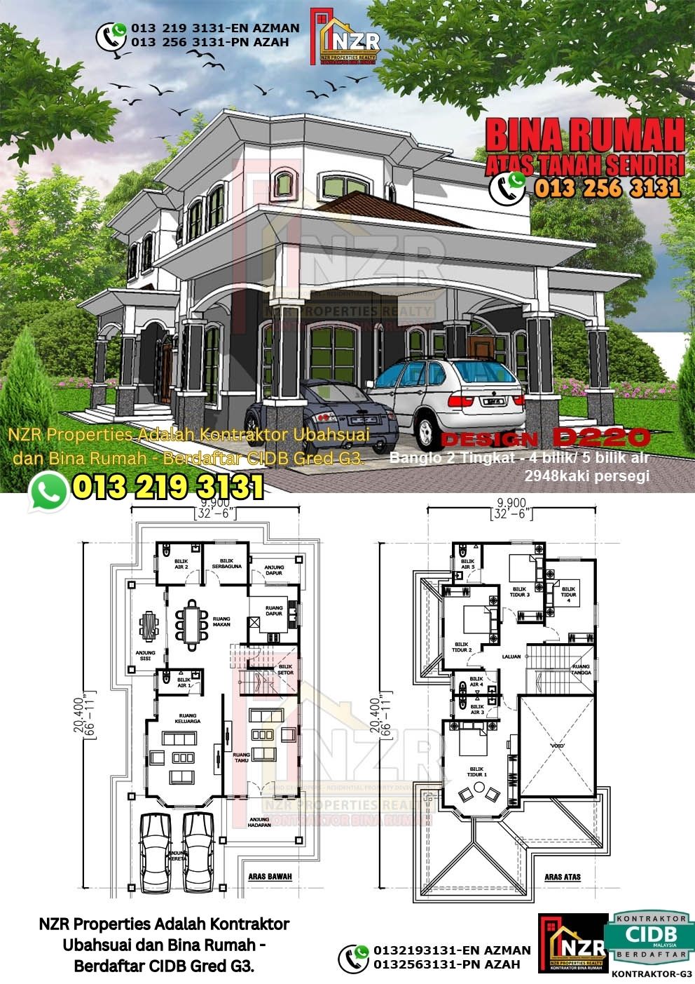 Design 20-Kod D220-Design Rumah Dua Tingkat -4 Bilik & 5 Bilik Air-Size Rumah 2948kps