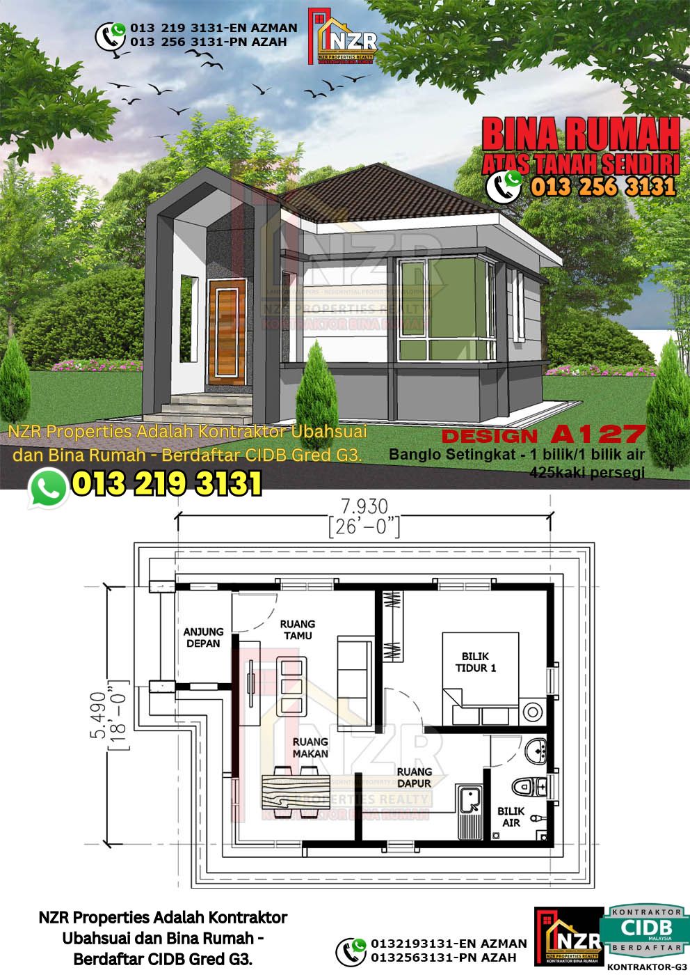 Design 21-Kod A127-Banglo Setingkat - 1 Bilik &1 Bilik Air-Size Rumah 425kps