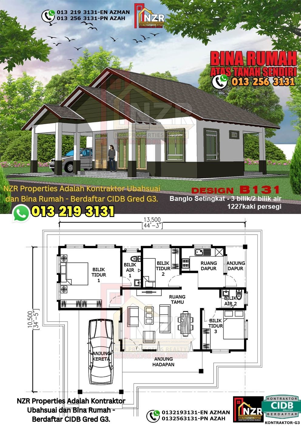 Design 19-Kod B131-Banglo Setingkat -3 Bilik &2 Bilik Air-Size Rumah 1227kps