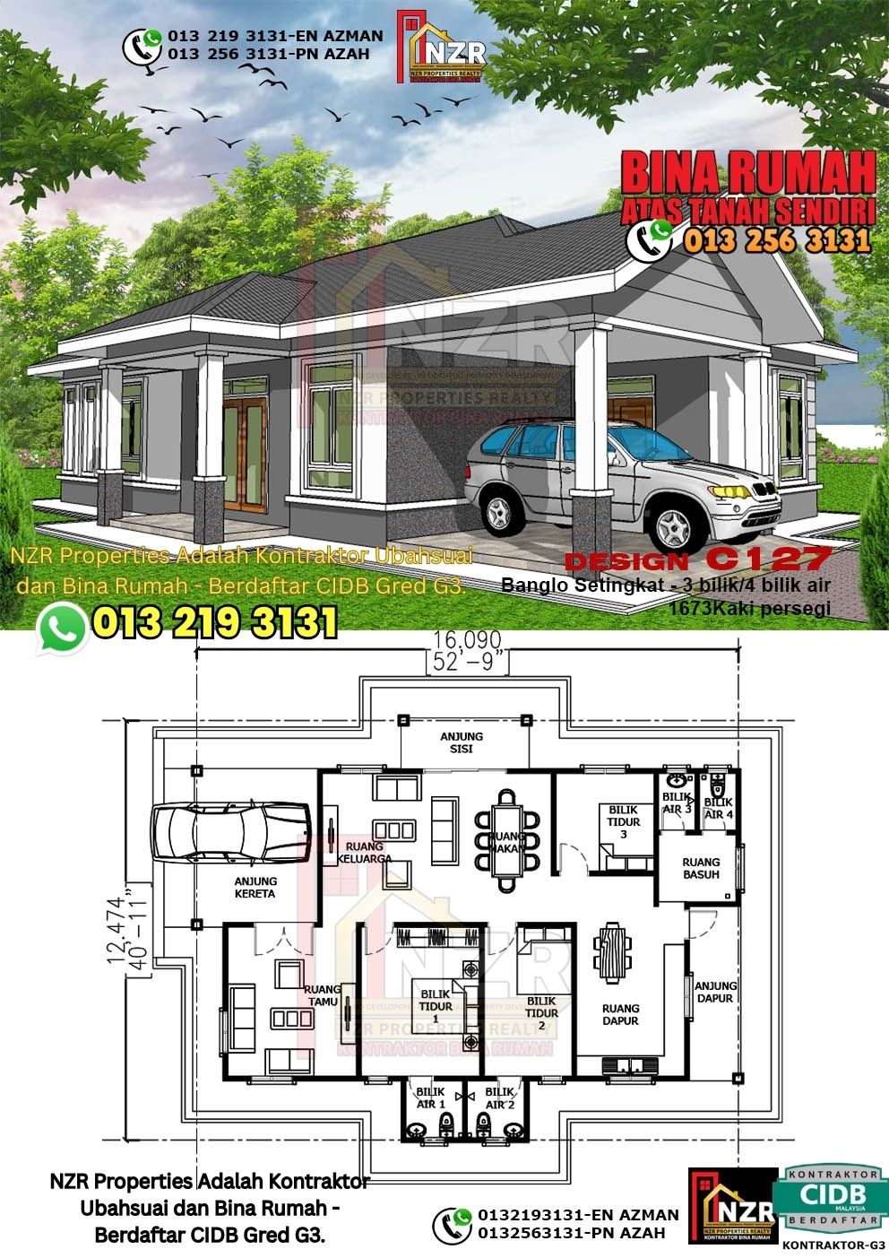 Design 21-Kod C127-Banglo Setingkat - 3Bilik &4 Bilik Air-Size Rumah 1673kps