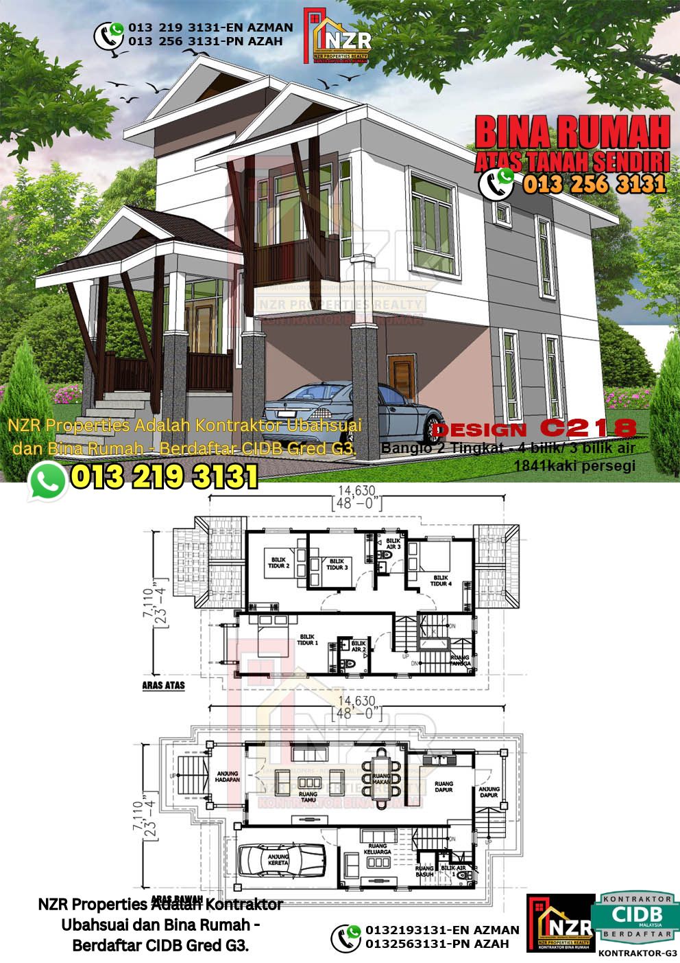 Design 22-Kod C218-Design Rumah Dua Tingkat -4Bilik &3Bilik Air-Size Rumah 1841kps