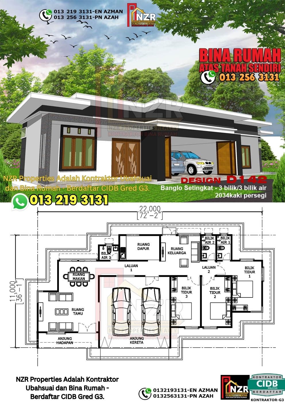 Design 21-Kod D142-Banglo Setingkat - 3Bilik &3 Bilik Air-Size Rumah 2034kps