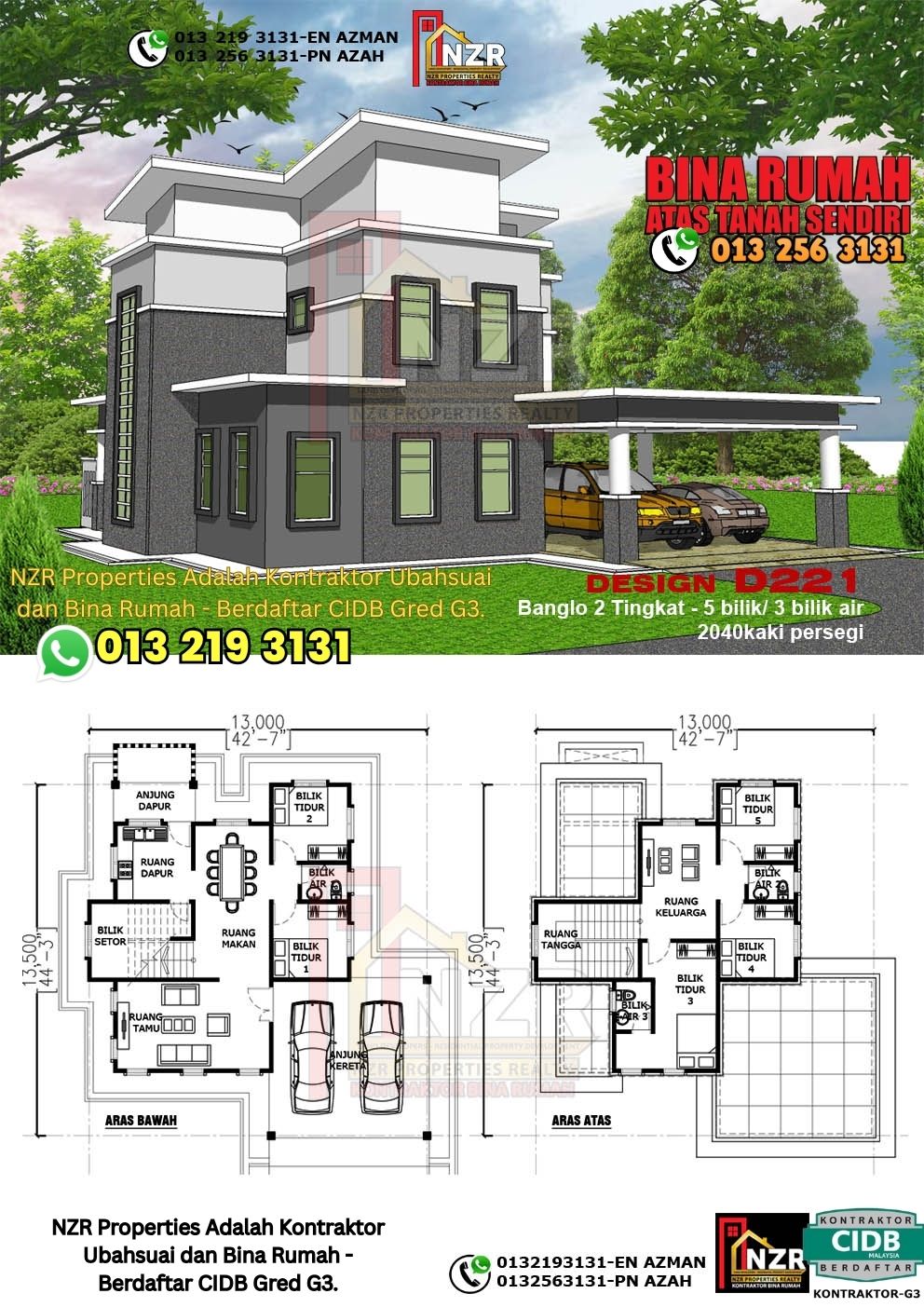 Design 21-Kod D221-Design Rumah Dua Tingkat -5 Bilik & 3 Bilik Air-Size Rumah 2040kps