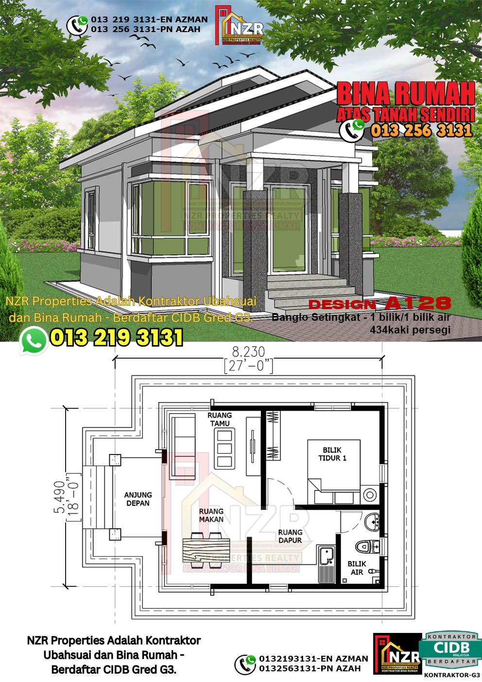 Design 22-Kod A128-Banglo Setingkat - 1 Bilik &1 Bilik Air-Size Rumah 434kps