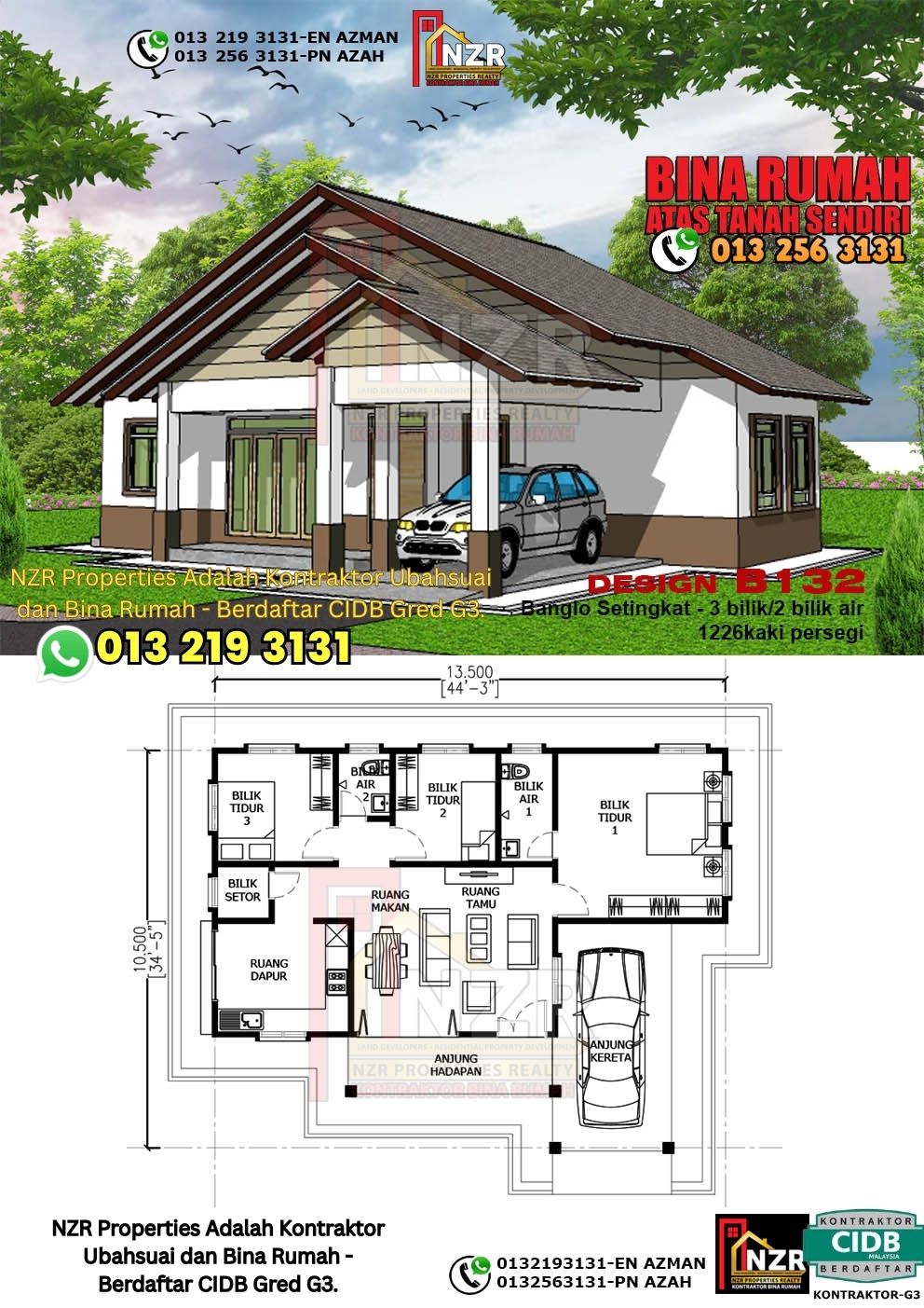 Design 20-Kod B132-Banglo Setingkat -3 Bilik &2 Bilik Air-Size Rumah 1226kps