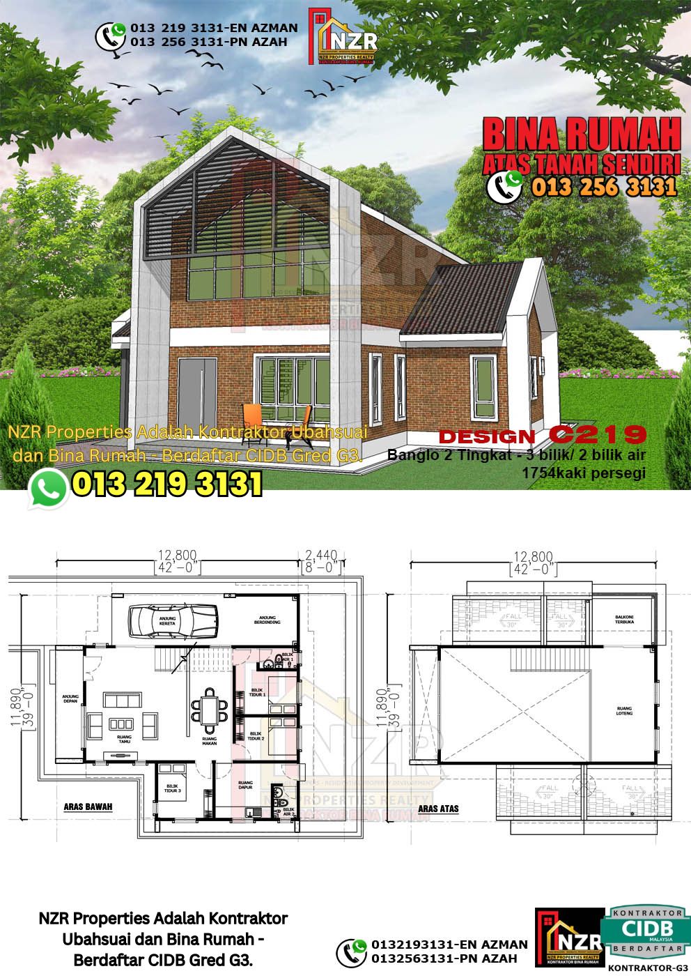 Design 23-Kod C219-Design Rumah Dua Tingkat -3Bilik &2Bilik Air-Size Rumah 1754kps