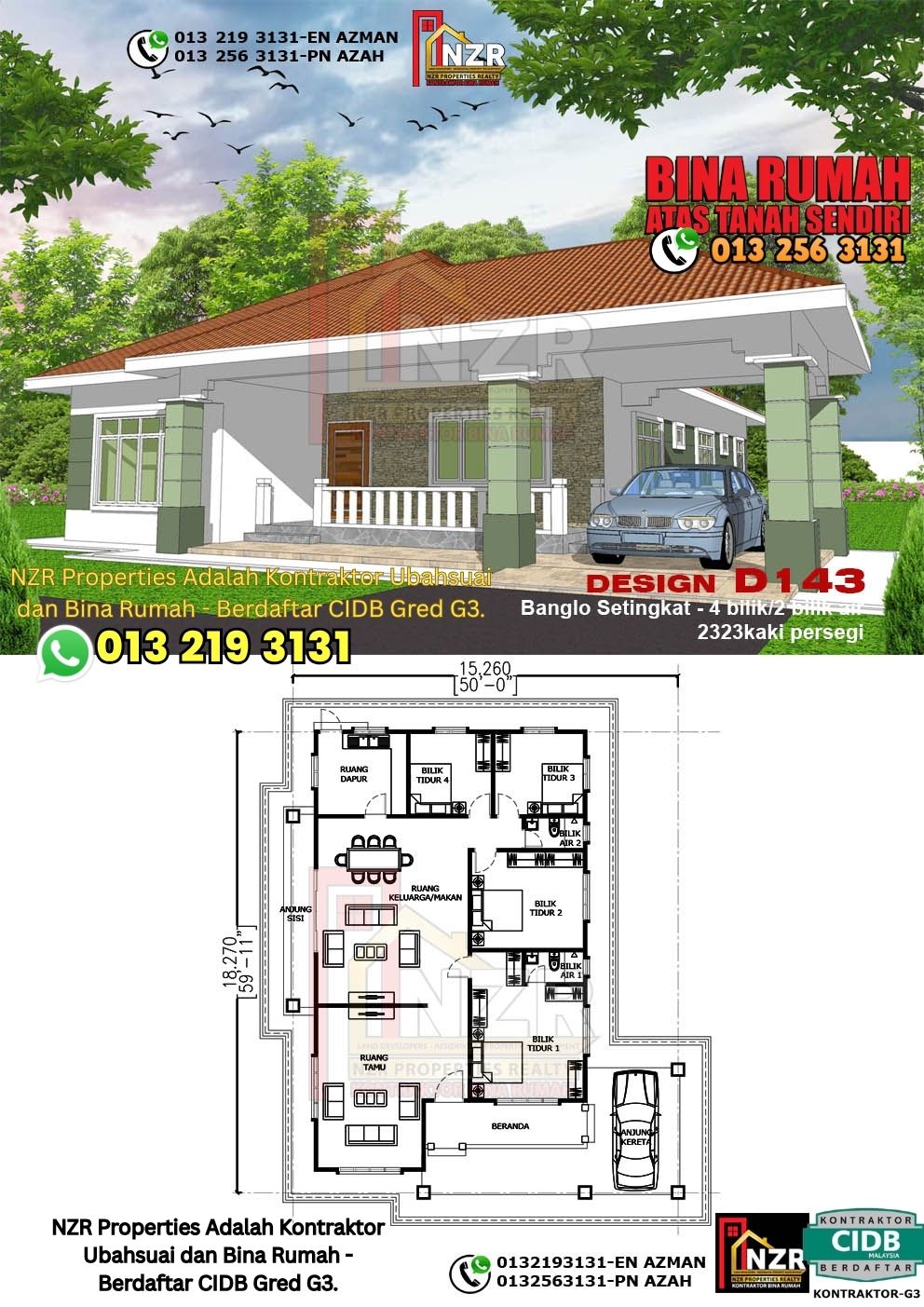 Design 22-Kod D143-Banglo Setingkat - 4Bilik &2 Bilik Air-Size Rumah 2323kps
