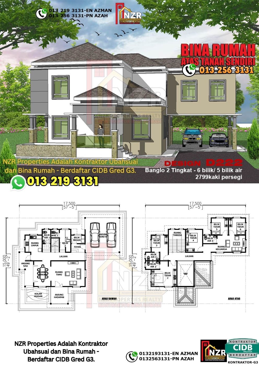 Design 22-Kod D222-Design Rumah Dua Tingkat -6 Bilik & 5 Bilik Air-Size Rumah 2799kps