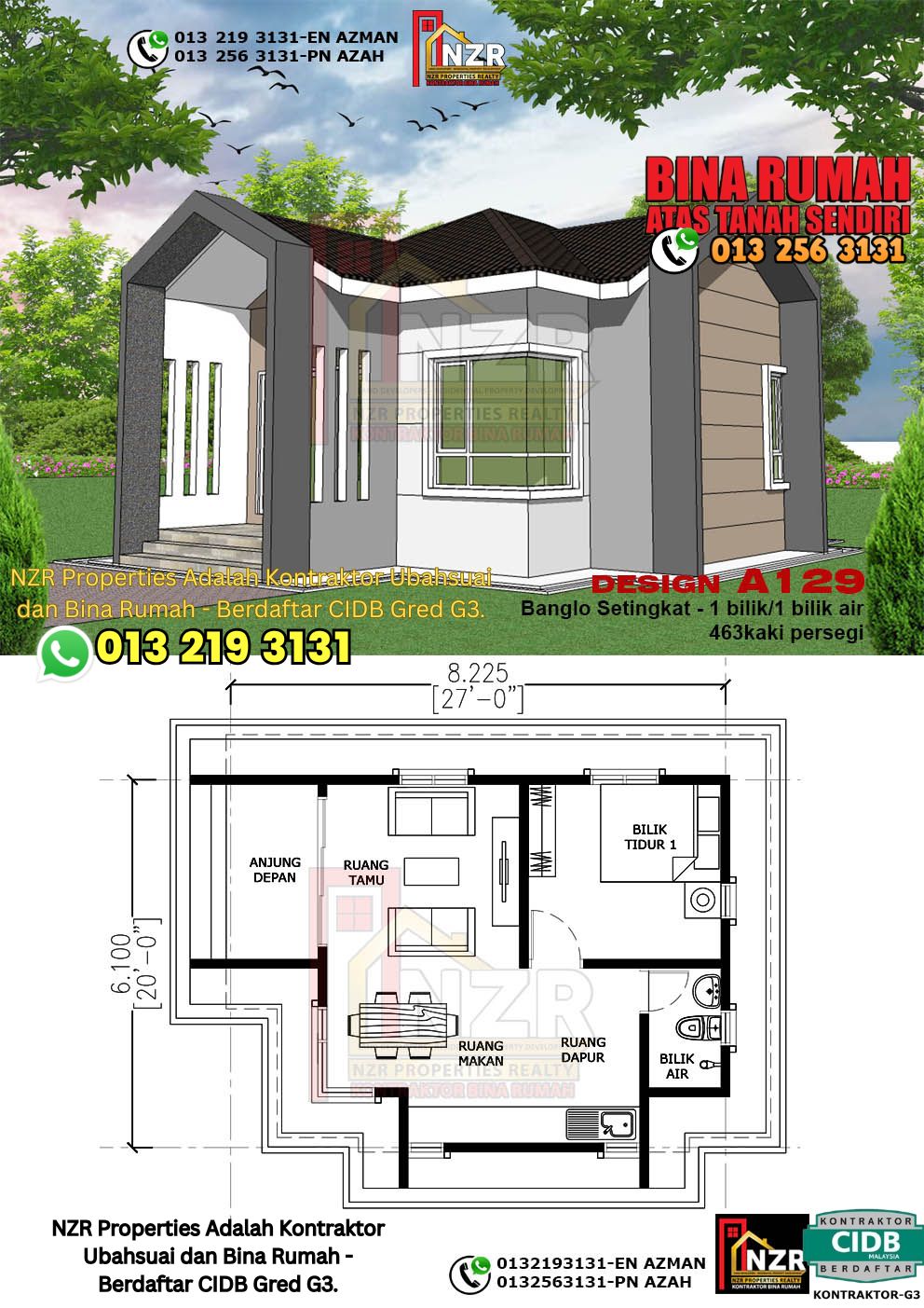 Design 23-Kod A129-Banglo Setingkat - 1 Bilik &1 Bilik Air-Size Rumah 463kps