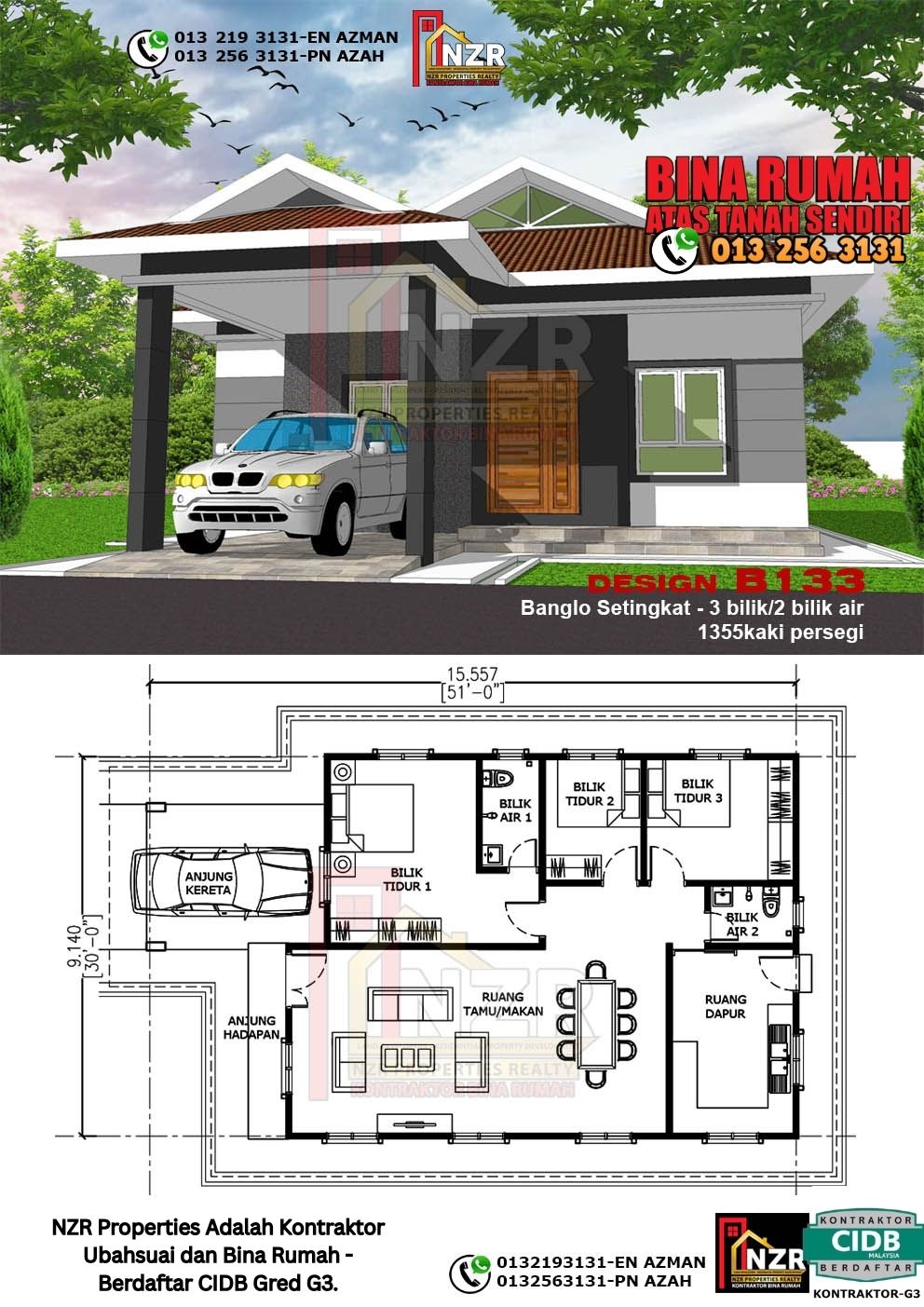 Design 21-Kod B133-Banglo Setingkat -3 Bilik &2 Bilik Air-Size Rumah 1355kps
