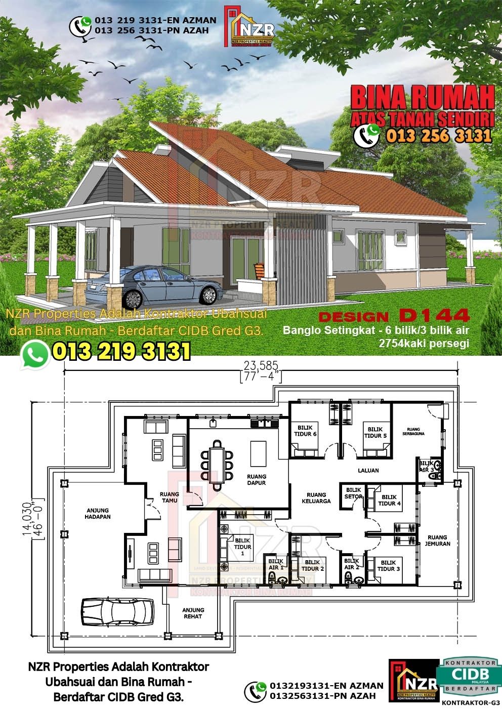 Design 23-Kod D144-Banglo Setingkat - 6Bilik &3 Bilik Air-Size Rumah 2754kps