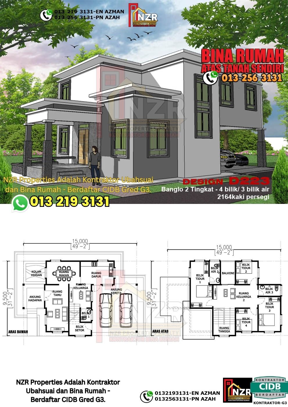 Design 23-Kod D223-Design Rumah Dua Tingkat -4 Bilik & 3Bilik Air-Size Rumah 2164kps