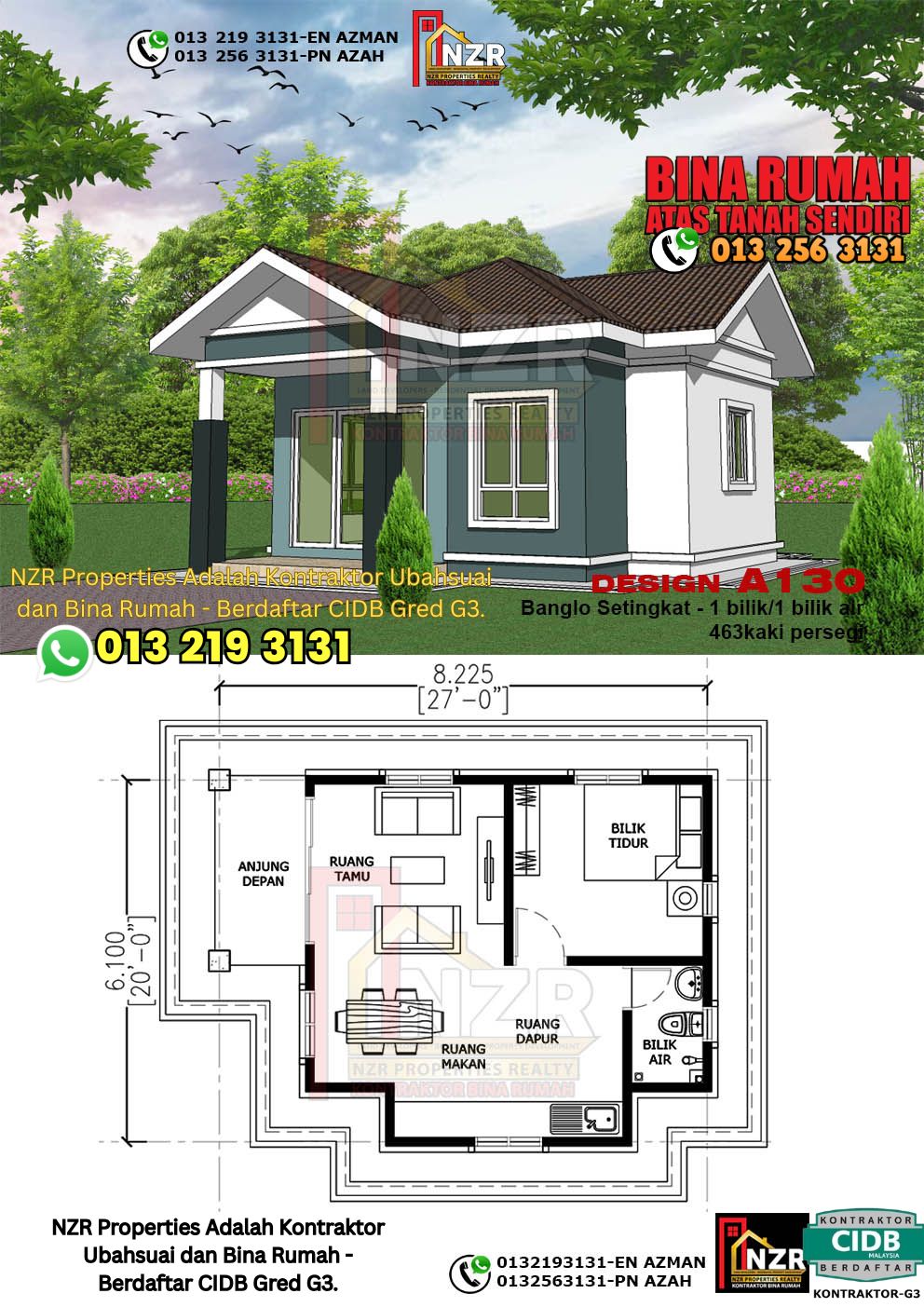 Design 24-Kod A130-Banglo Setingkat - 1 Bilik &1 Bilik Air-Size Rumah 463kps