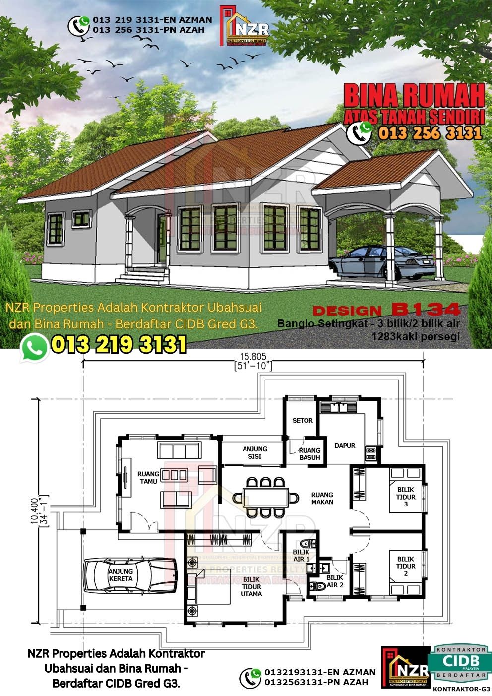 Design 22-Kod B134-Banglo Setingkat -3 Bilik &2 Bilik Air-Size Rumah 1283kps