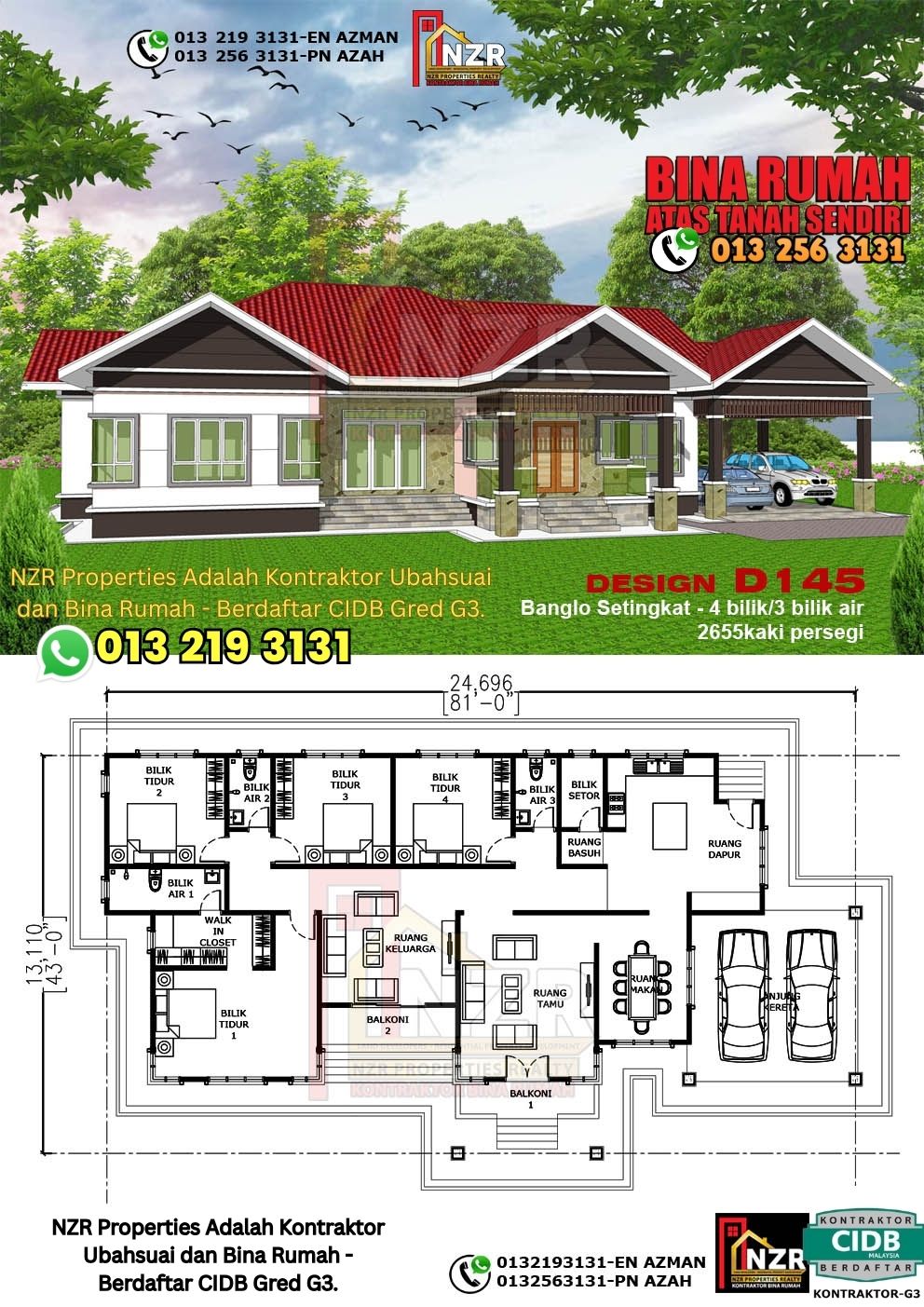 Design 24-Kod D145-Banglo Setingkat - 4Bilik &3 Bilik Air-Size Rumah 2655kps