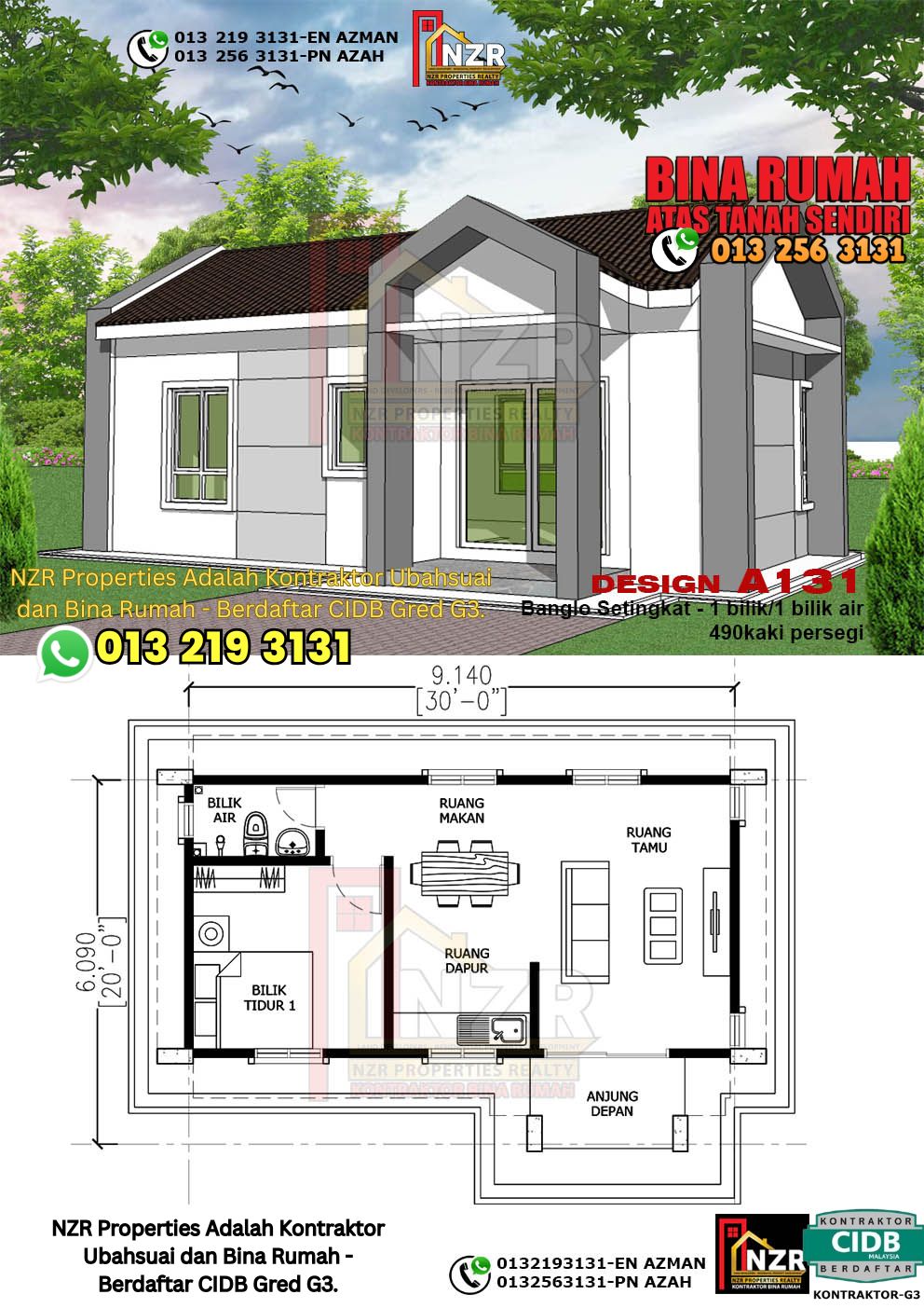 Design 25-Kod A131-Banglo Setingkat - 1 Bilik &1 Bilik Air-Size Rumah 490kps