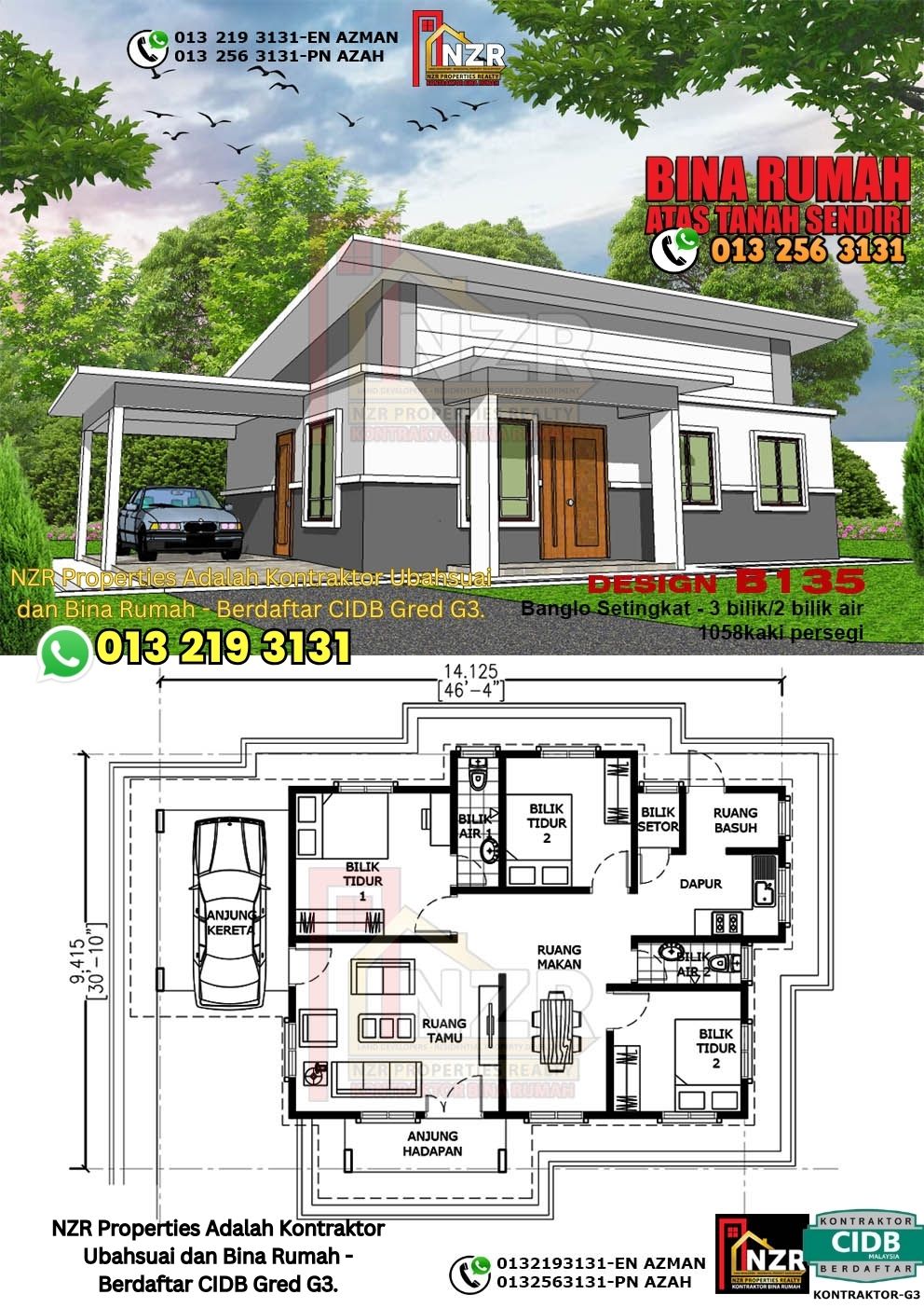 Design 23-Kod B135-Banglo Setingkat -3 Bilik &2 Bilik Air-Size Rumah 1058kps