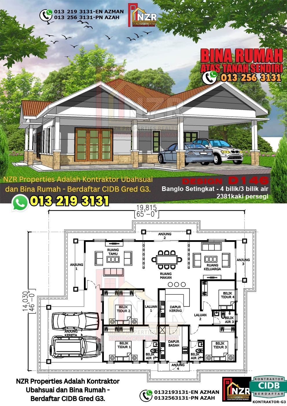 Design 25-Kod D146-Banglo Setingkat - 4Bilik &3 Bilik Air-Size Rumah 2381kps