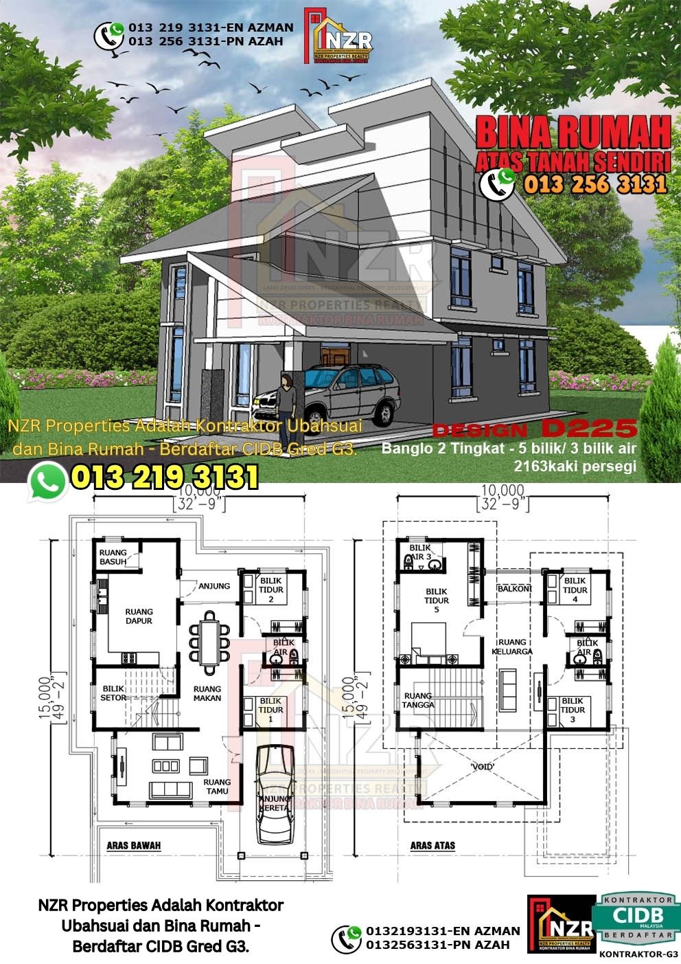 Design 25-Kod D225-Design Rumah Dua Tingkat -5Bilik &3Bilik Air-Size Rumah 2163kps