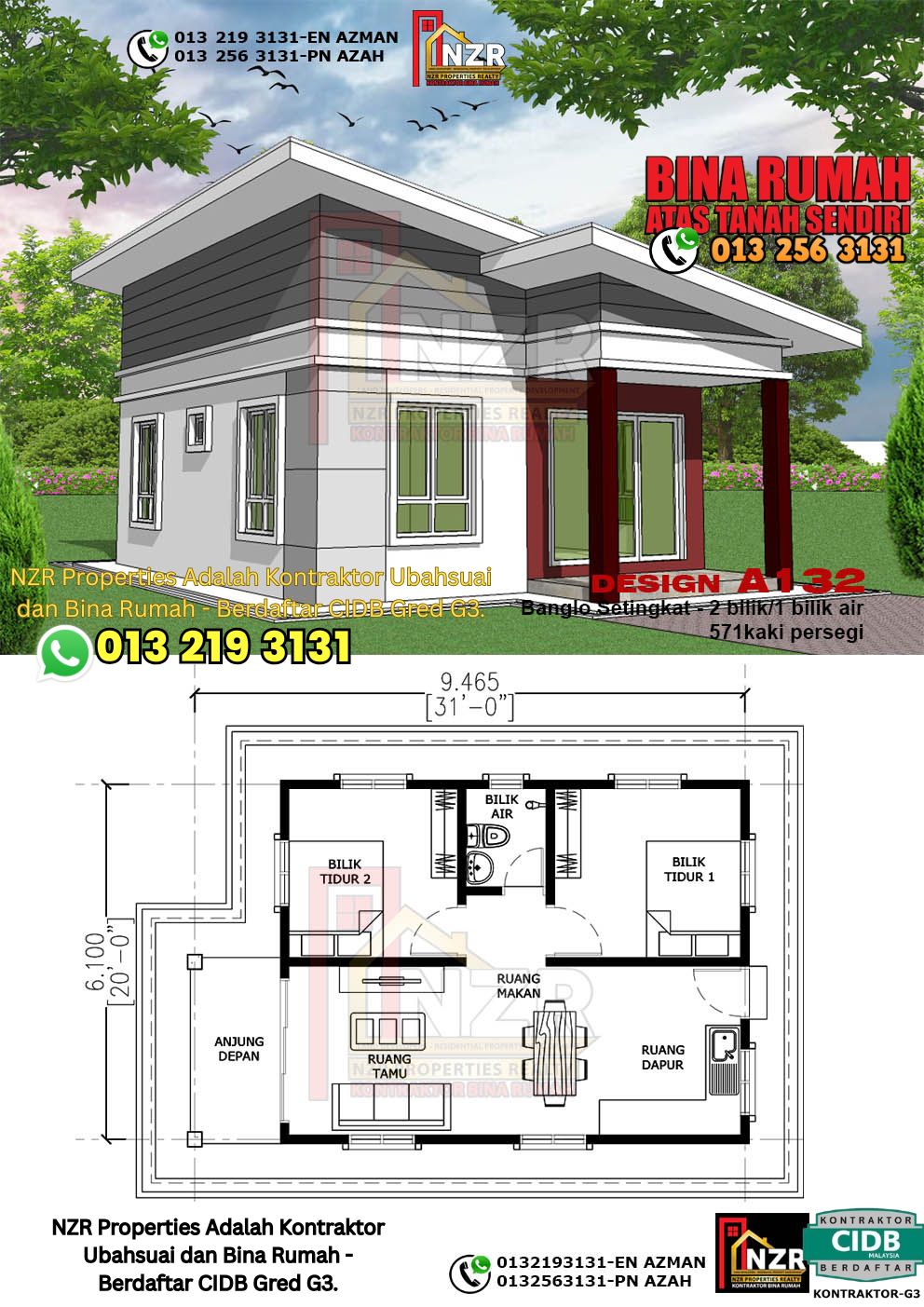 Design 26-Kod A132-Banglo Setingkat - 2 Bilik &1 Bilik Air-Size Rumah 571kps