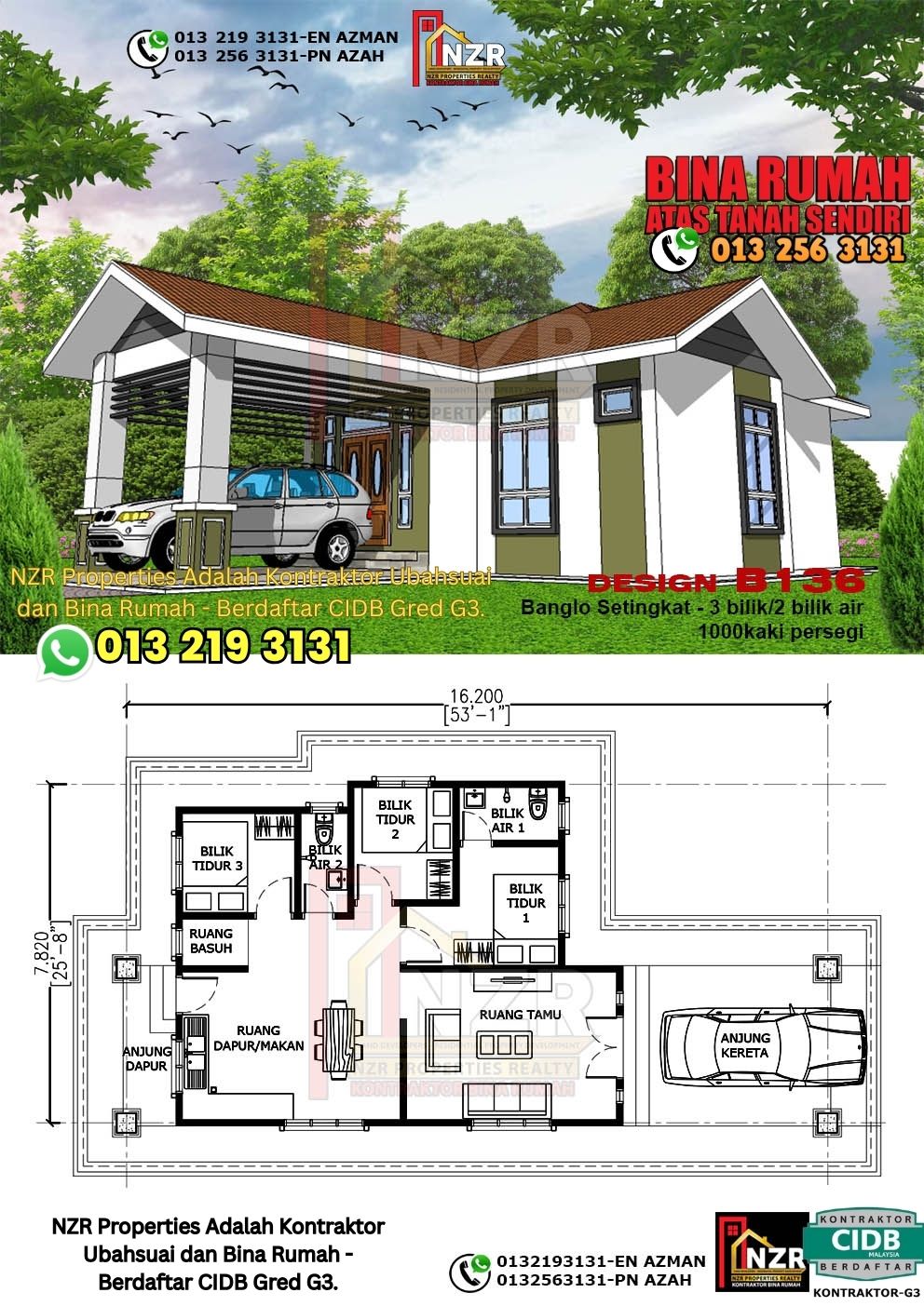 Design 24-Kod B136-Banglo Setingkat -3 Bilik &2 Bilik Air-Size Rumah 1000kps