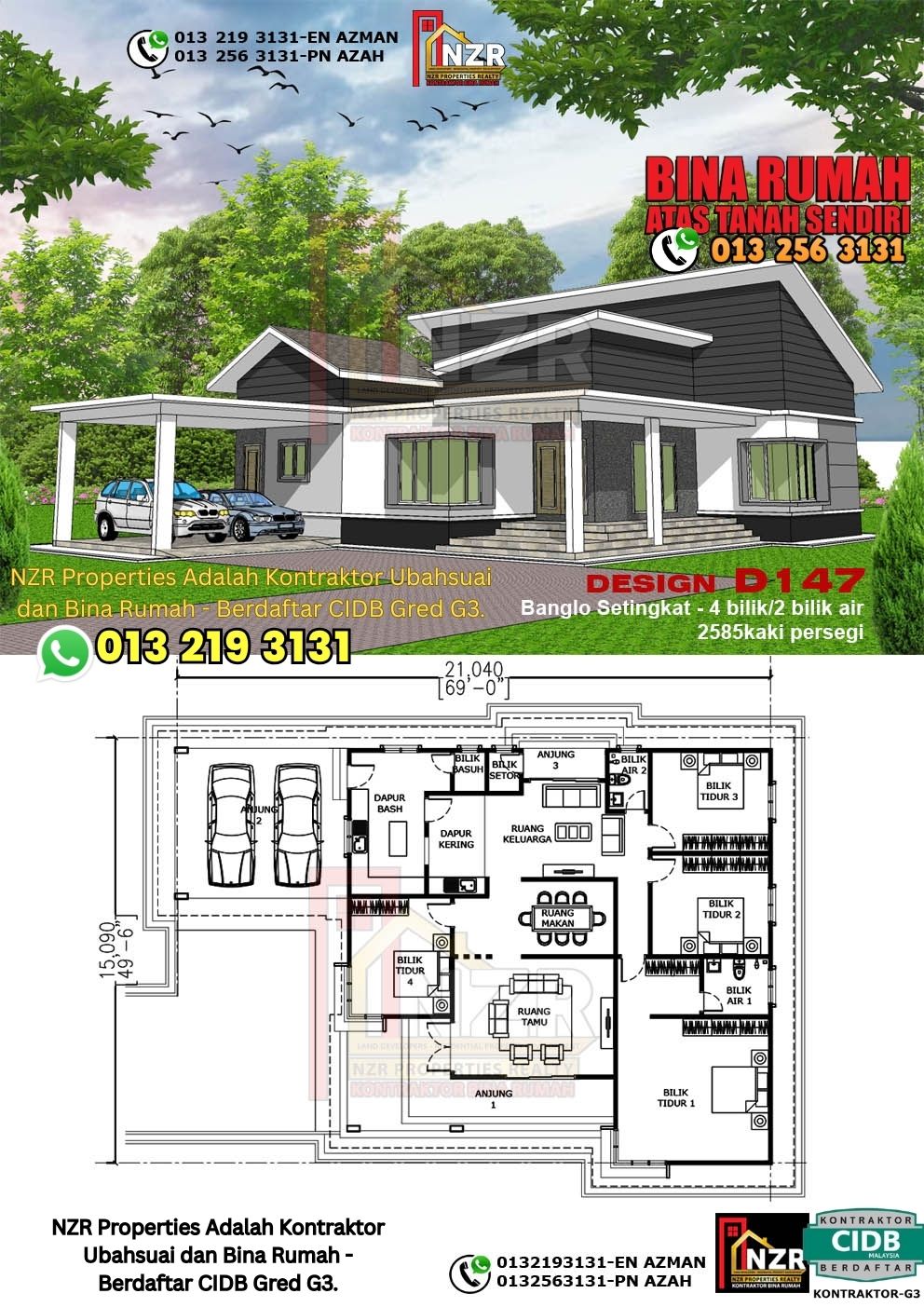 Design 26-Kod D147-Banglo Setingkat - 4Bilik &2 Bilik Air-Size Rumah 2585kps
