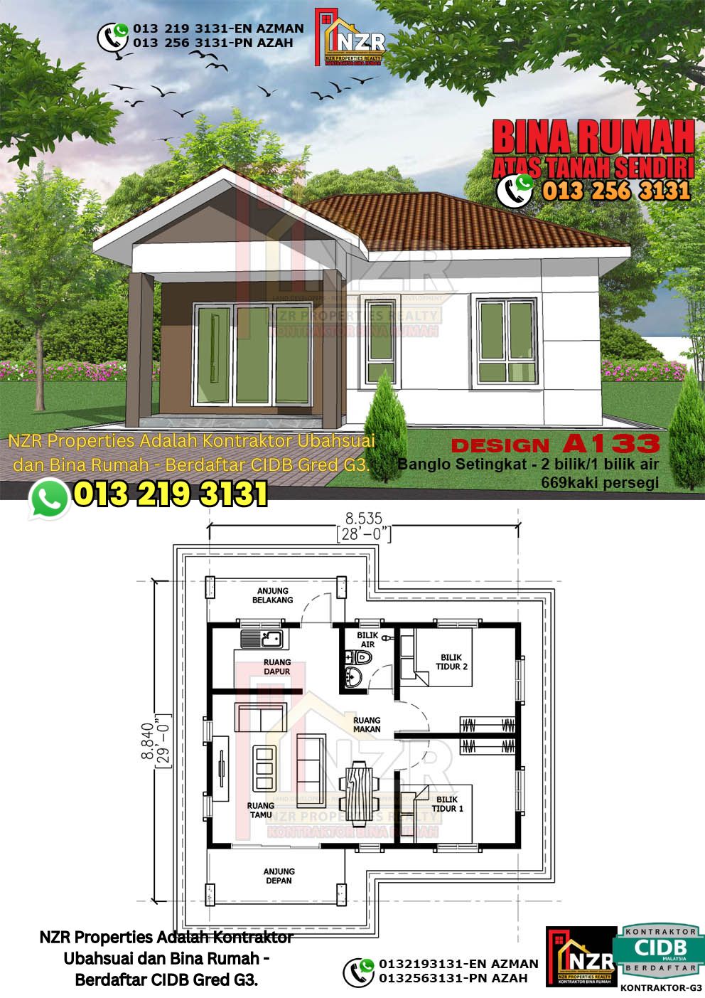 Design 27-Kod A133-Banglo Setingkat - 2 Bilik &1 Bilik Air-Size Rumah 669kps