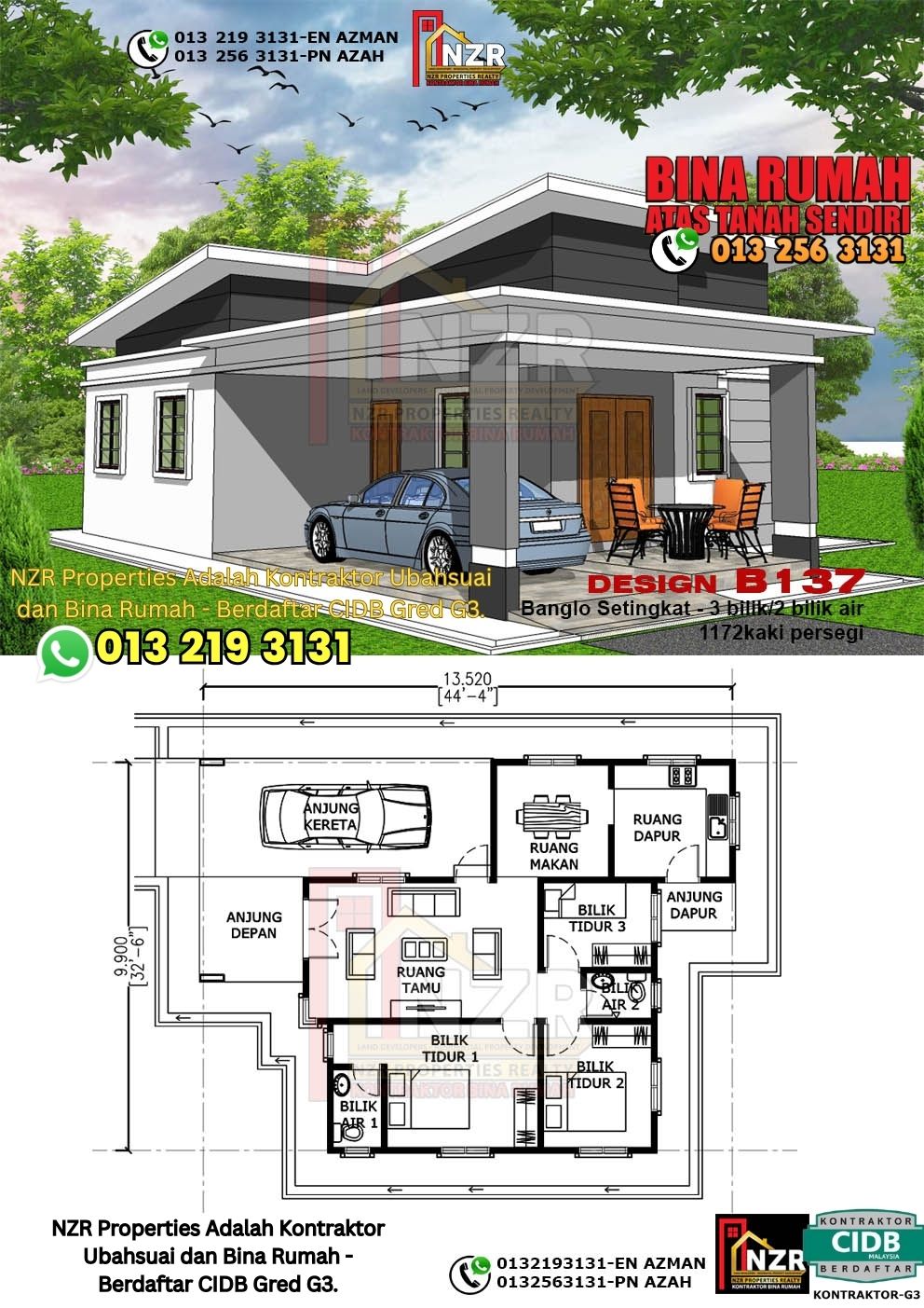 Design 25-Kod B137-Banglo Setingkat - 3Bilik &2 Bilik Air-Size Rumah 1172kps